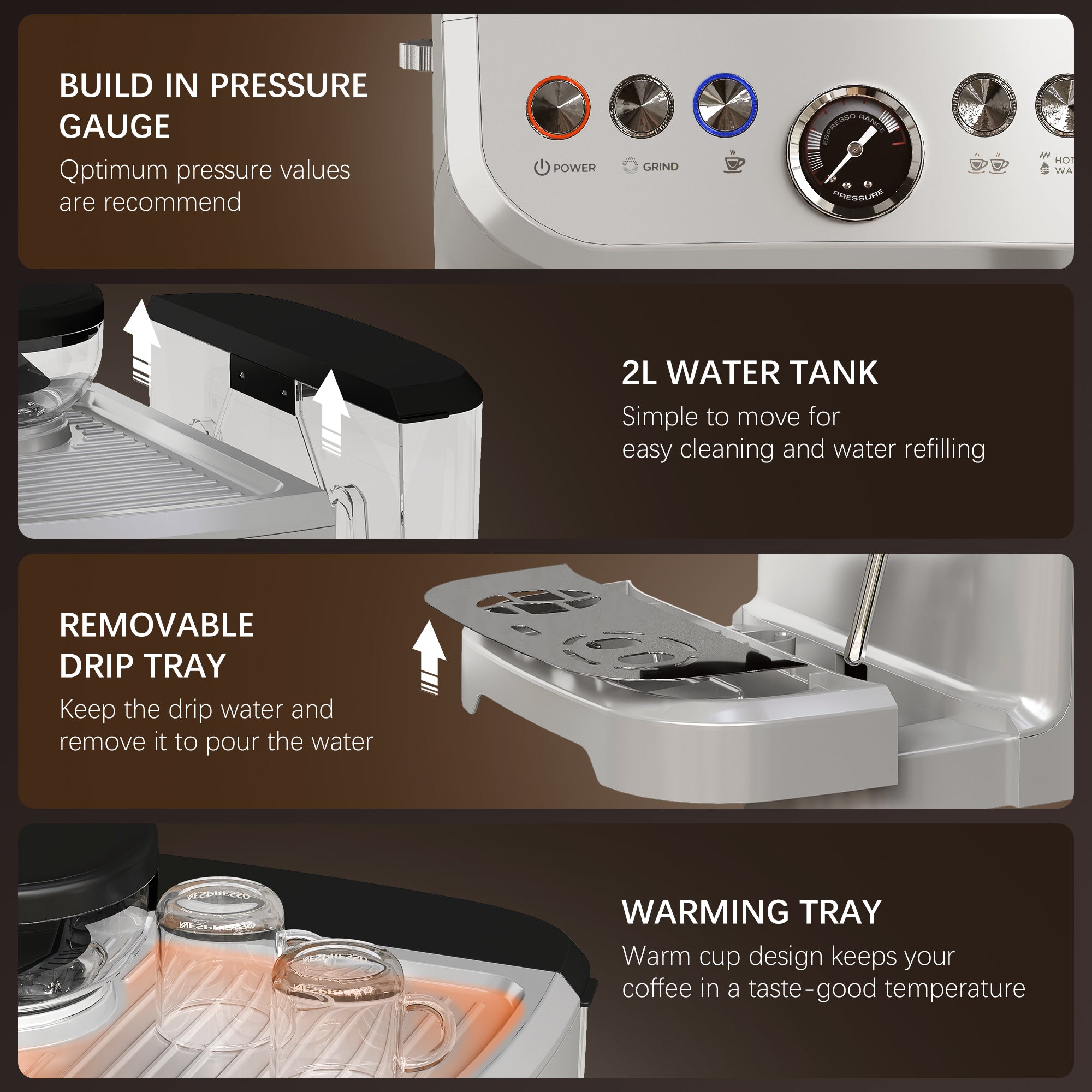 Espresso Machine with Integrated Bean Grinder & Steam Wand, Stainless Steel Silver