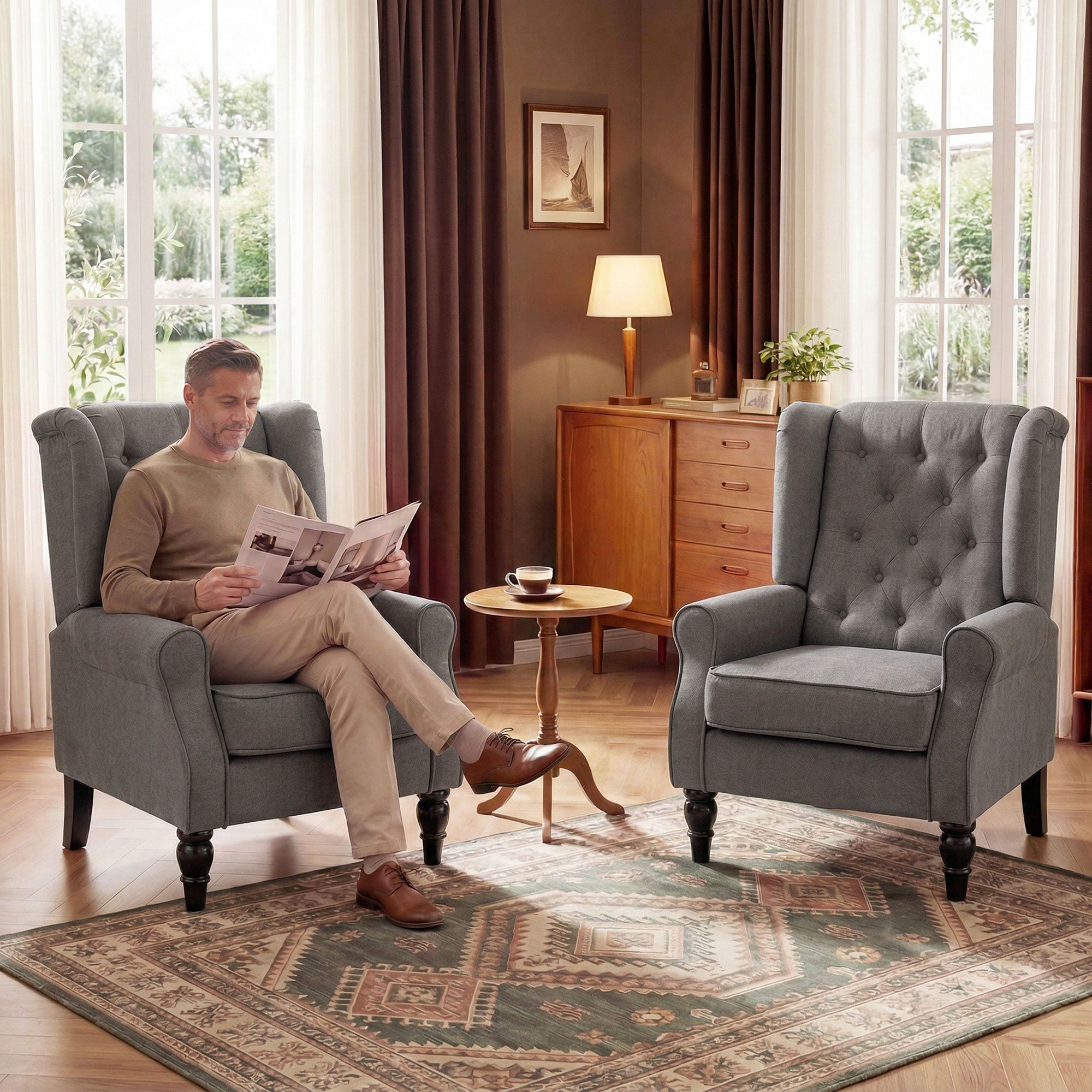 Retro Button Tufted Accent Armchair with Wooden Frame and Legs for Living Room, Bedroom, Dark Grey - HOMCOM
