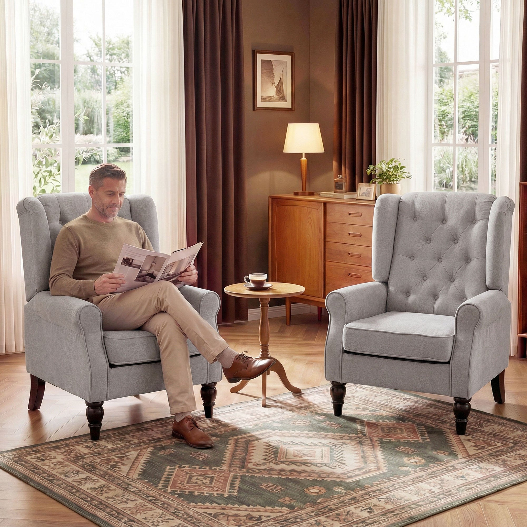 Retro Button Tufted Accent Armchair with Wooden Frame and Legs for Living Room, Bedroom, Grey - HOMCOM