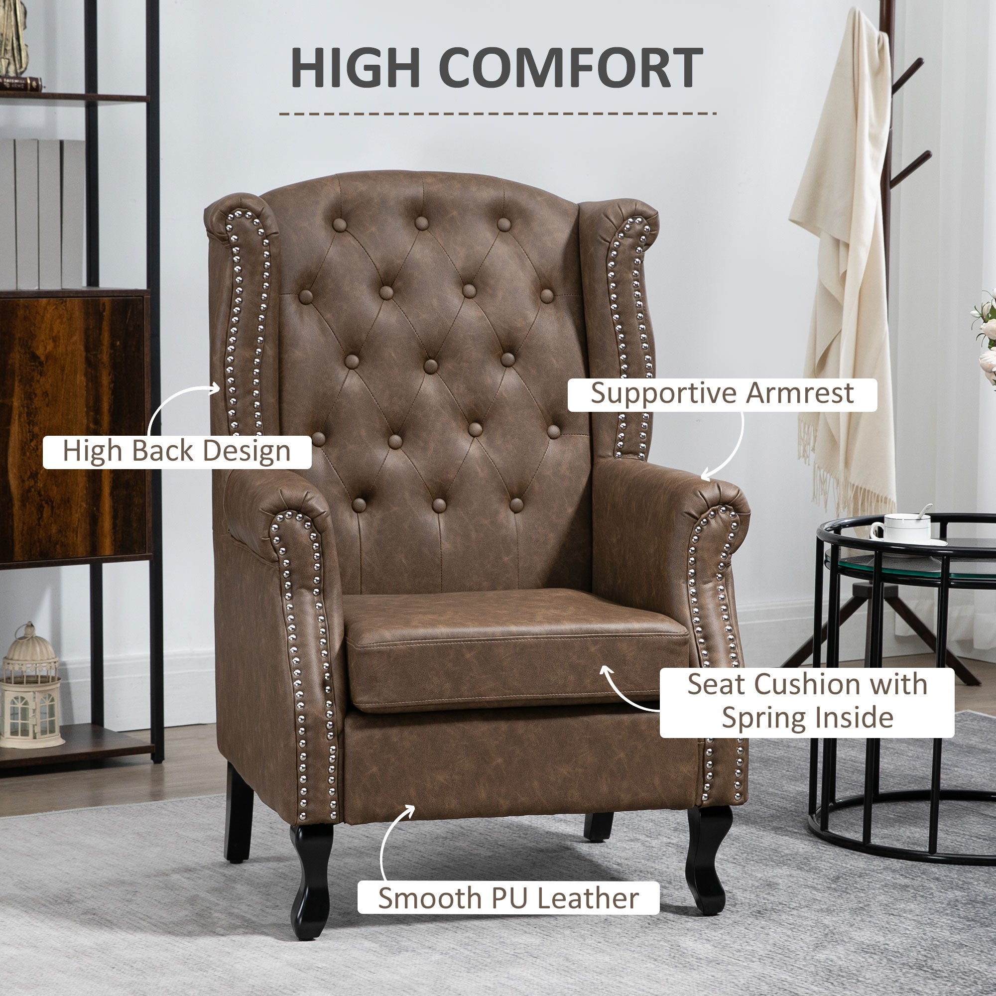 HOMCOM Wingback Armchair, Chesterfield-style PU Leather Fireside Chair, Button Tufted Accent Chair with Nailhead Trim for Living Room, Bedroom, Home Office, Brown