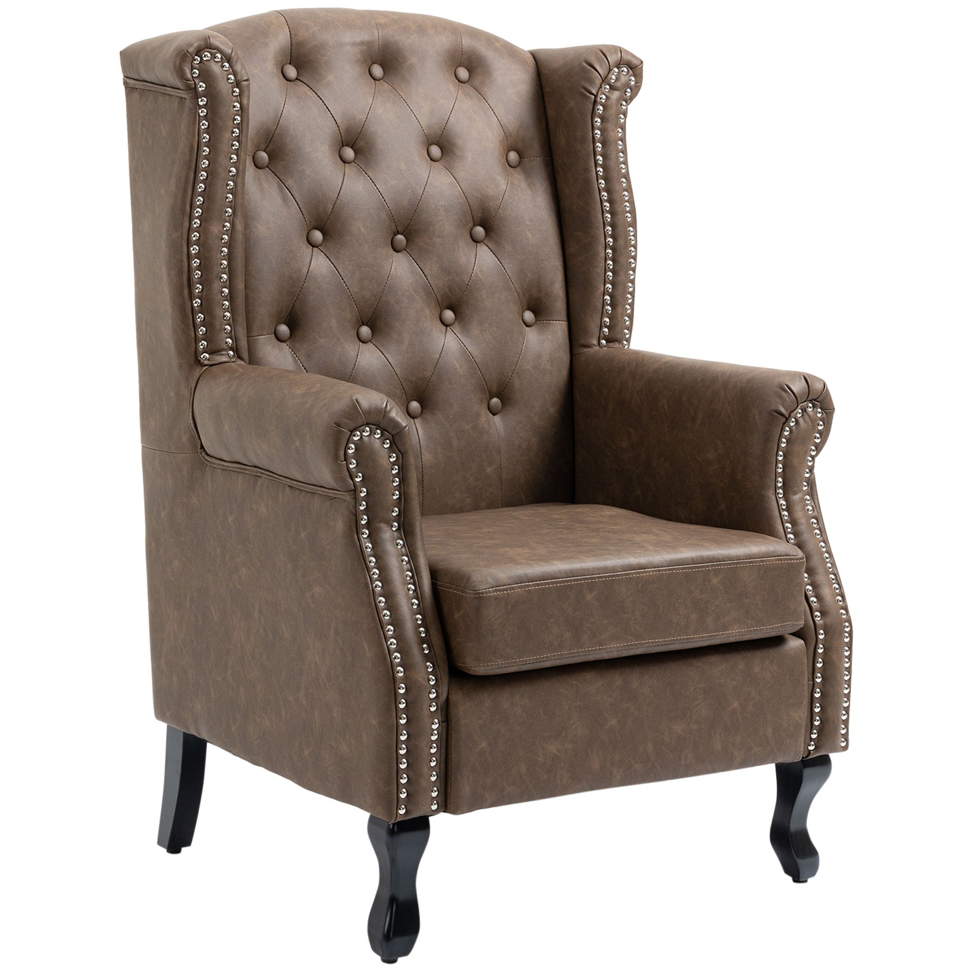 HOMCOM Wingback Armchair, Chesterfield-style PU Leather Fireside Chair, Button Tufted Accent Chair with Nailhead Trim for Living Room, Bedroom, Home Office, Brown