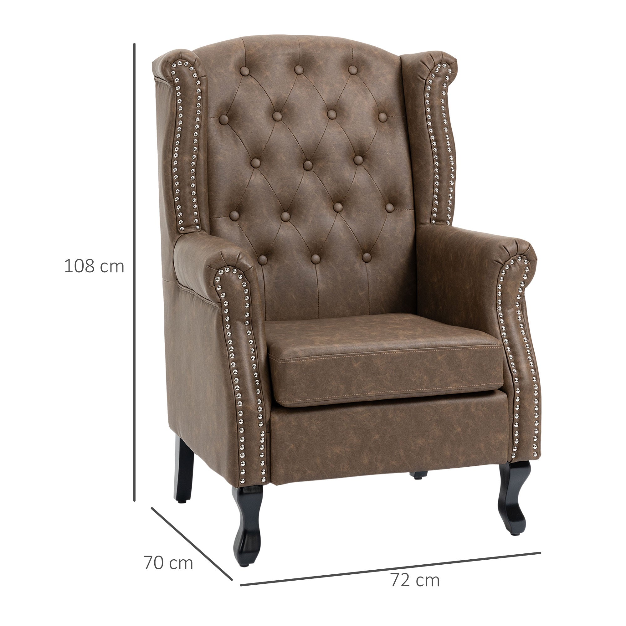 HOMCOM Wingback Armchair, Chesterfield-style PU Leather Fireside Chair, Button Tufted Accent Chair with Nailhead Trim for Living Room, Bedroom, Home Office, Brown