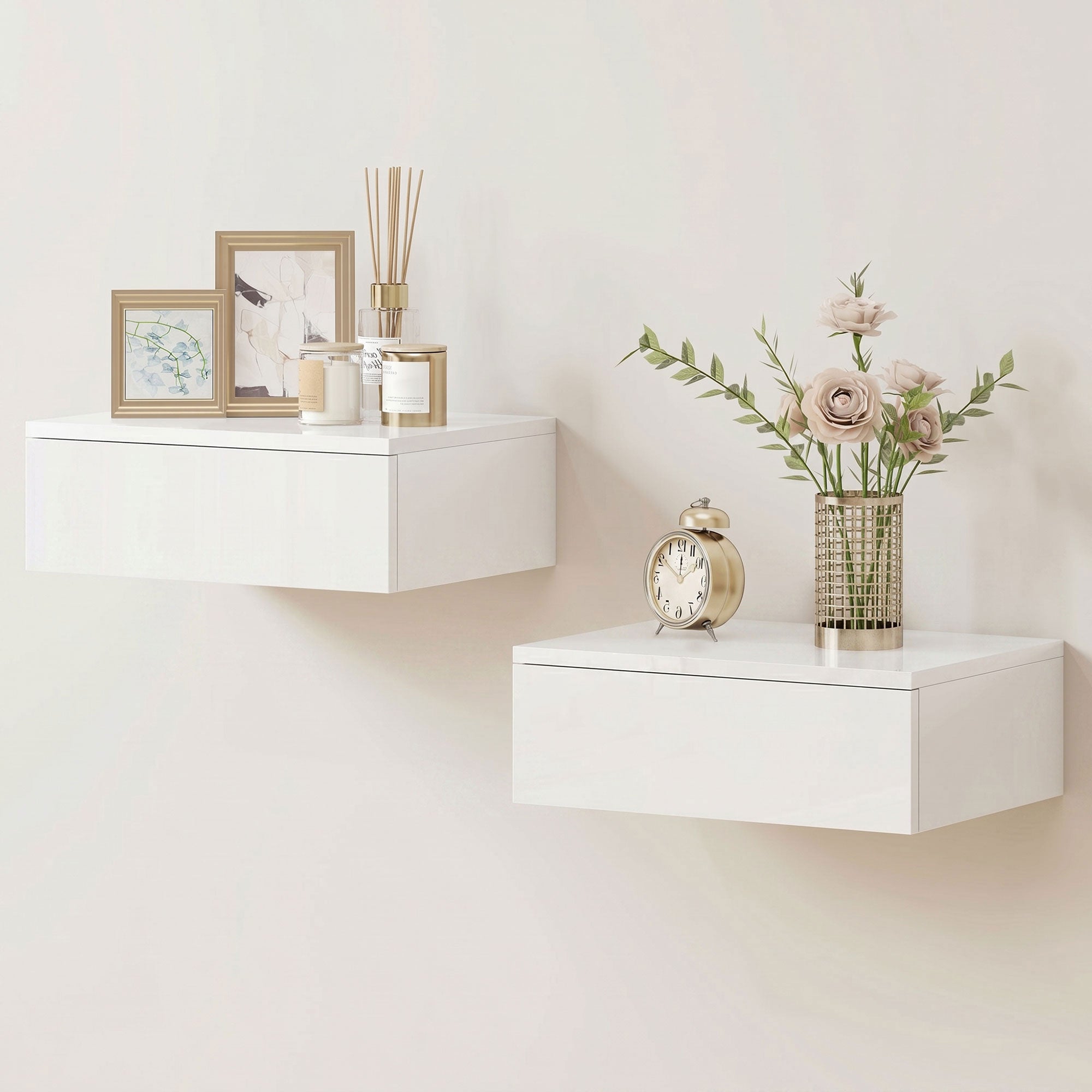 Floating Bedside Table Set of 2, Modern Wall-Mounted Nightstand with High Gloss Finish and Storage Drawer, Small Side End Table for Bedroom, White