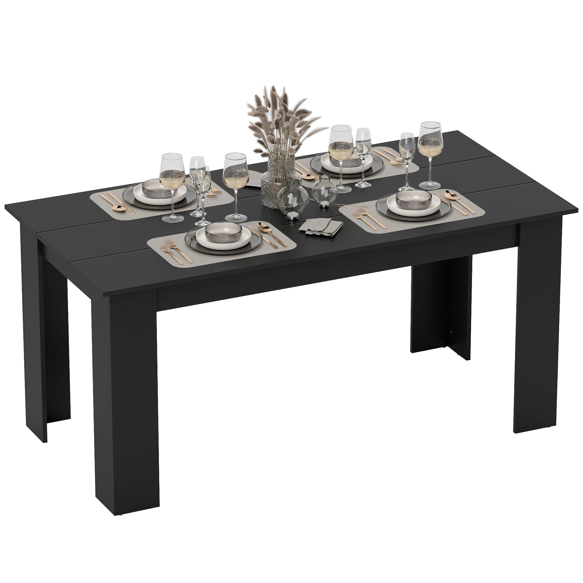 63" Dining Table for 4-6 People, Mid-Century Modern Rectangular Kitchen Table with Wood Effect for Dining Room, Living Room, Black Wood Effect