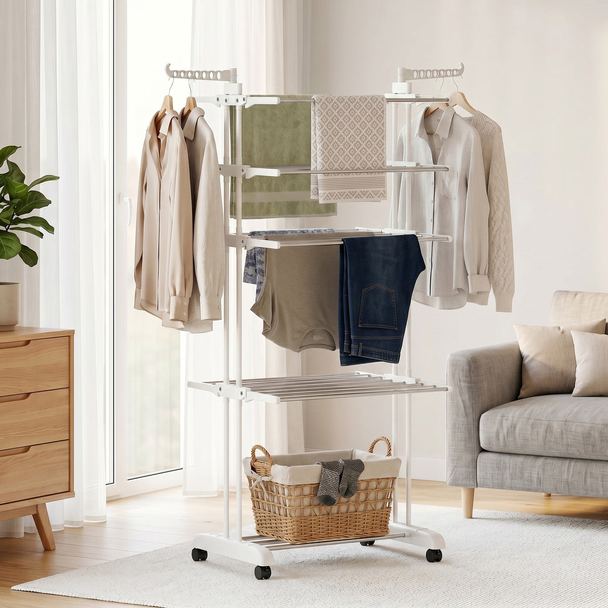 5-Tier Adjustable Clothes Drying Rack, Foldable Laundry Drying Rack with Wheels, Side Wings, Clothes Hanger for Indoor Outdoor Use, 28.7" x 25.2" x 67.7", White