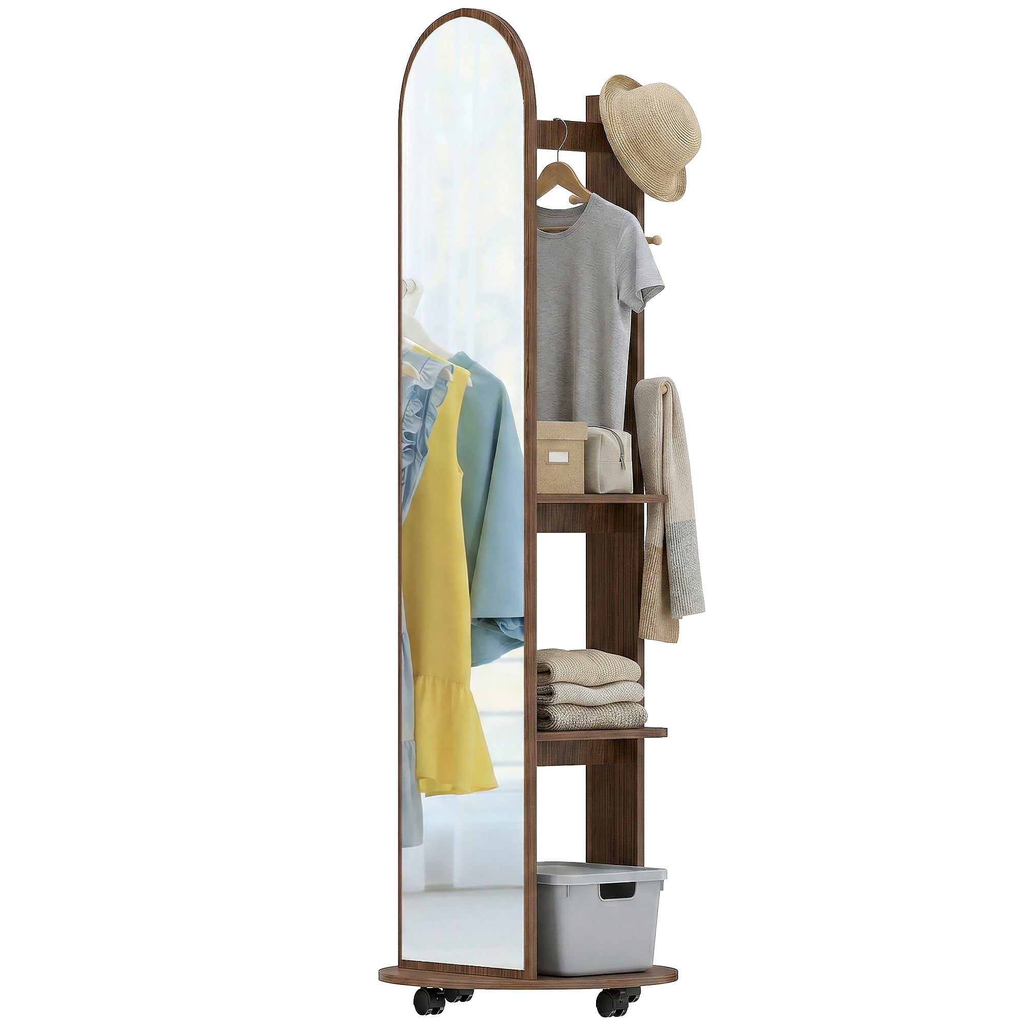 2-in-1 Full Length Mirror with Storage Shelves, Floor Mirror with 4 Universal Wheels, Coat Rack, 4 Hooks, Space-Saving Freestanding Organiser for Bedroom, Living Room, Brown Wood Effect