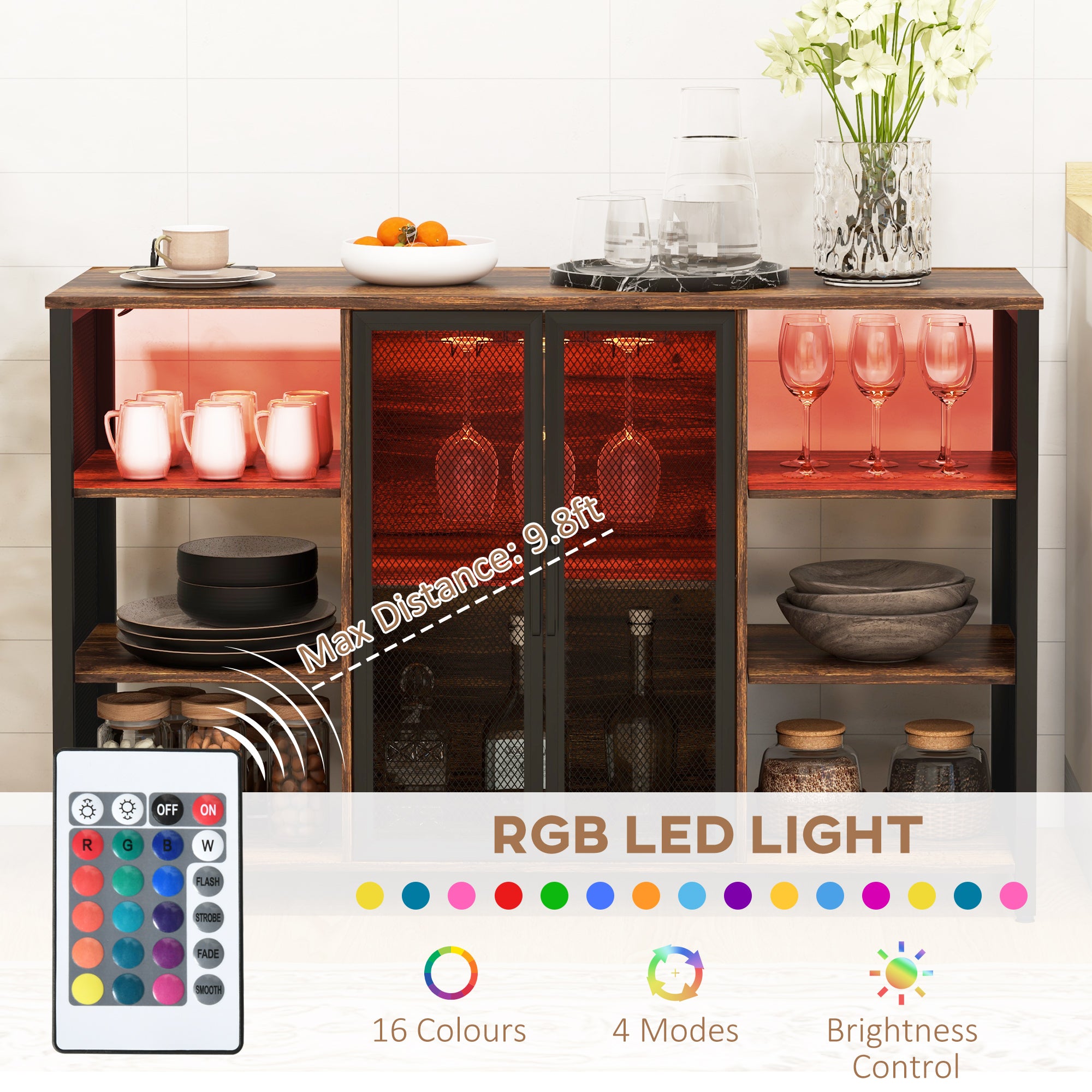 LED Wine Cabinet with Charging Station Glass Holders Open Shelves Rustic Brown