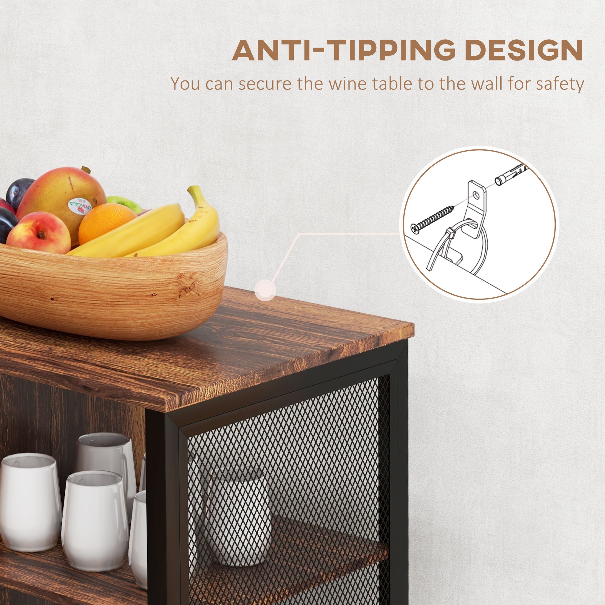 LED Wine Cabinet with Charging Station Glass Holders Open Shelves Rustic Brown