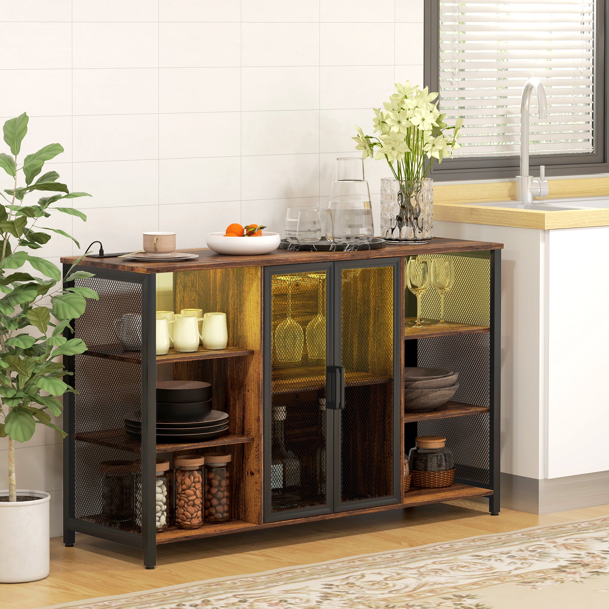 LED Wine Cabinet with Charging Station Glass Holders Open Shelves Rustic Brown