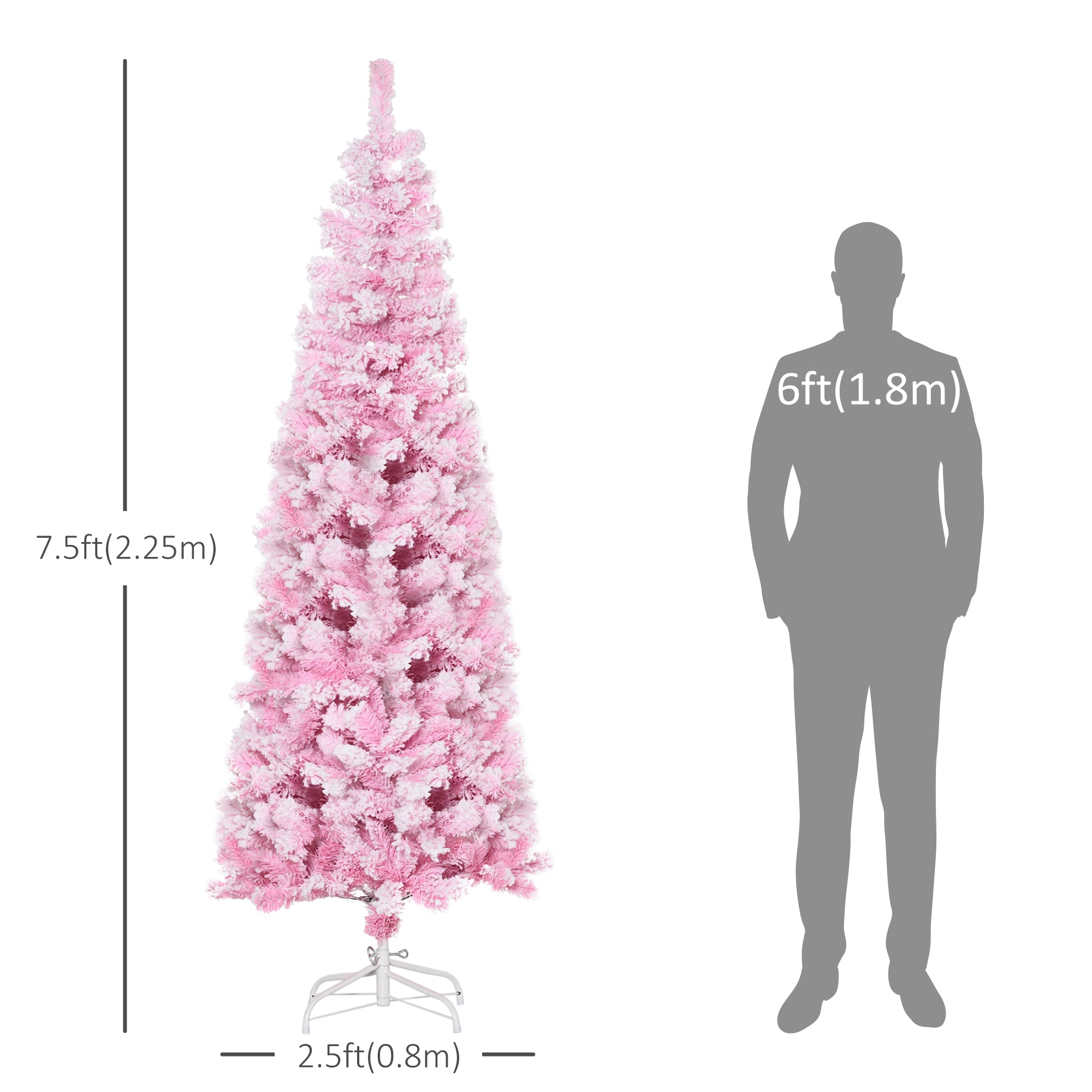 HOMCOM 7.5 FT Snow Flocked Artificial Christmas Tree, Pencil Xmas Tree with Realistic Branches, Auto Open and Steel Base, Pink