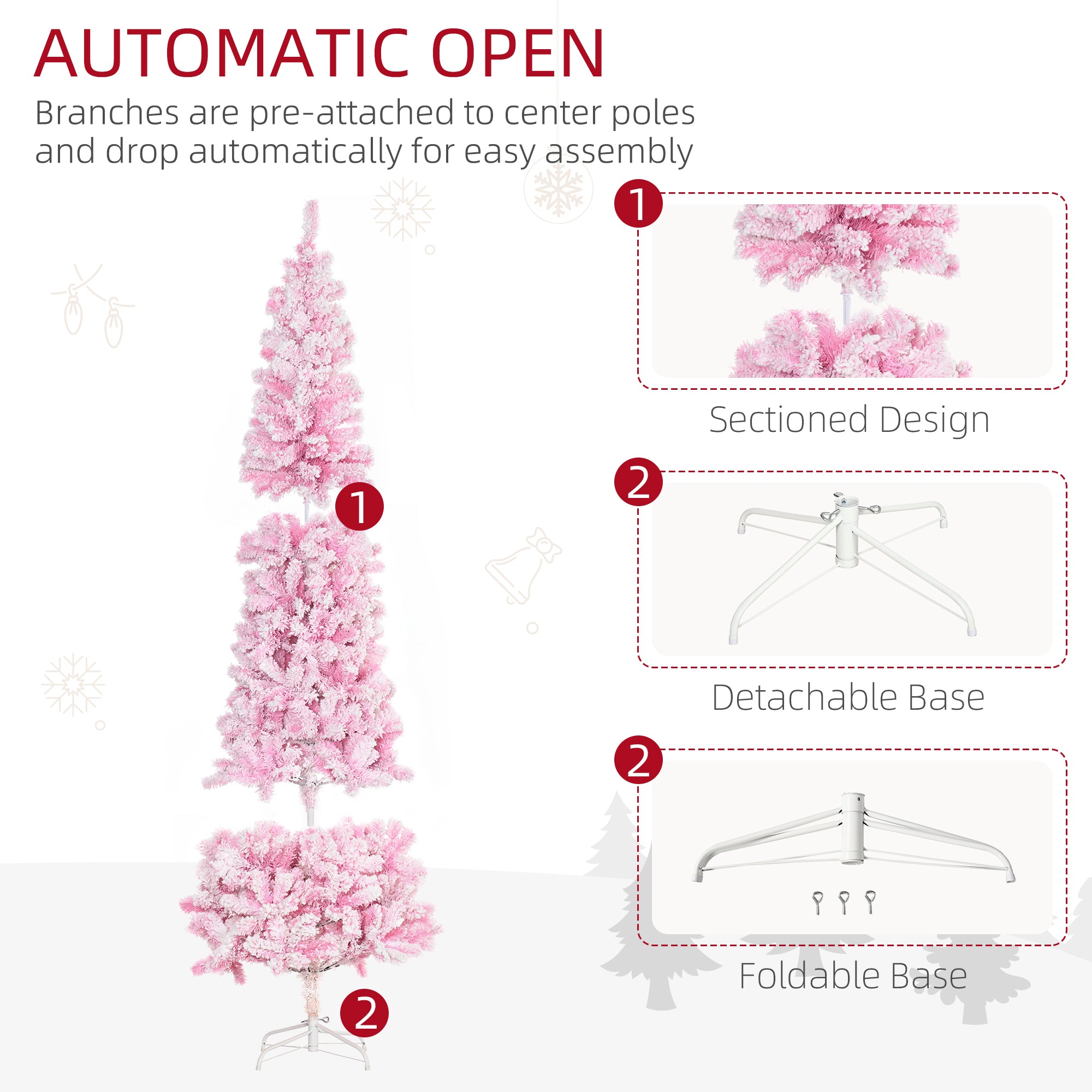 HOMCOM 7.5 FT Snow Flocked Artificial Christmas Tree, Pencil Xmas Tree with Realistic Branches, Auto Open and Steel Base, Pink