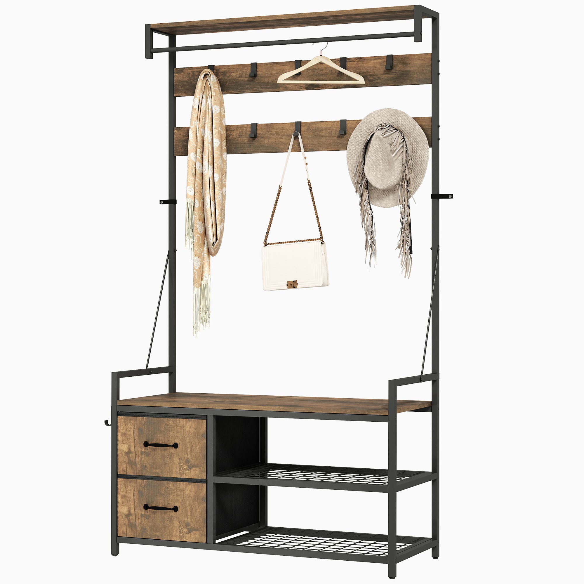 6-In-1 Hall Tree with Shoe Storage, Industrial Entryway Coat Rack Shoe Storage with 10 Adjustable Hooks, 2 Fabric Drawers and Hanging Rod for Hallway, Rustic Brown
