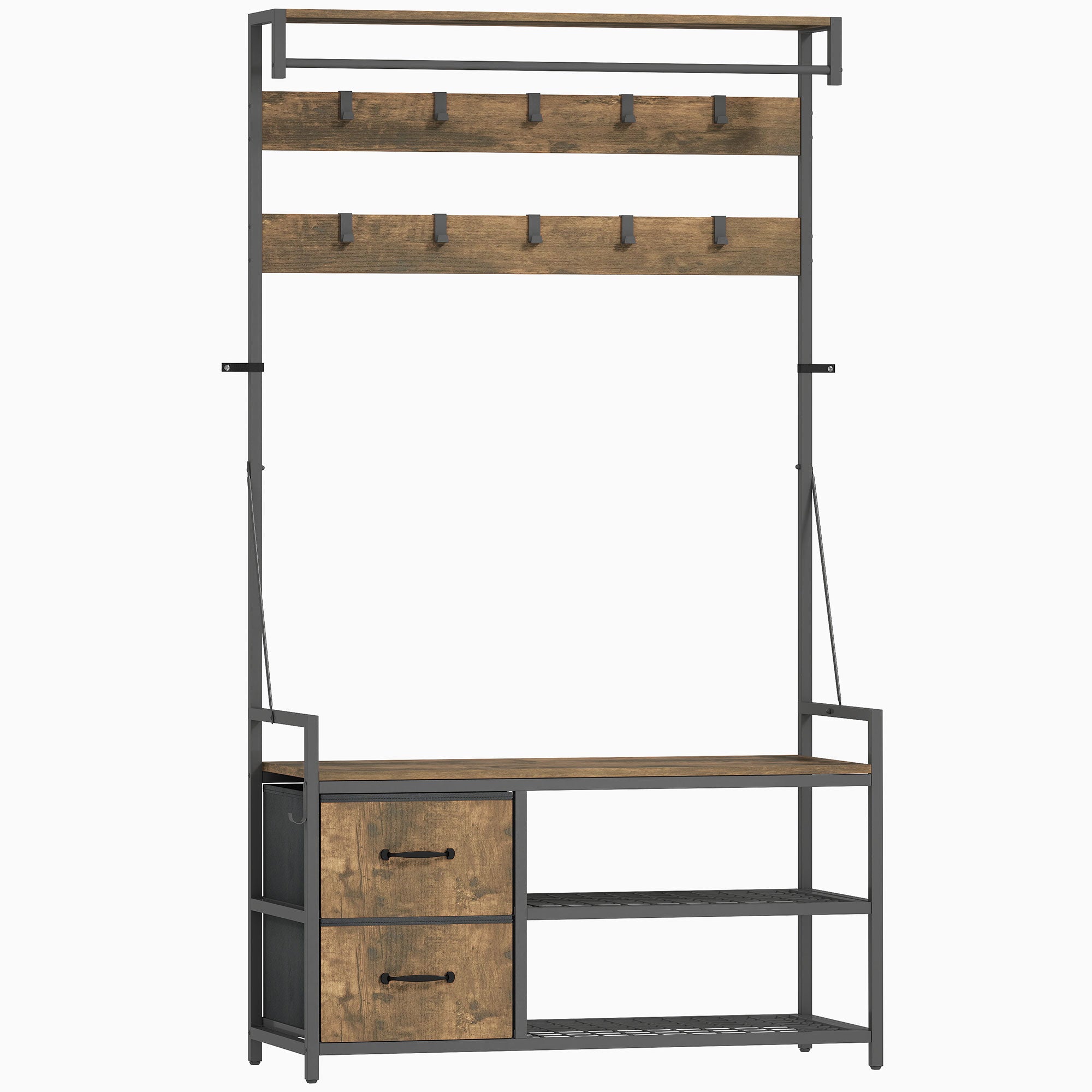 6-In-1 Hall Tree with Shoe Storage, Industrial Entryway Coat Rack Shoe Storage with 10 Adjustable Hooks, 2 Fabric Drawers and Hanging Rod for Hallway, Rustic Brown