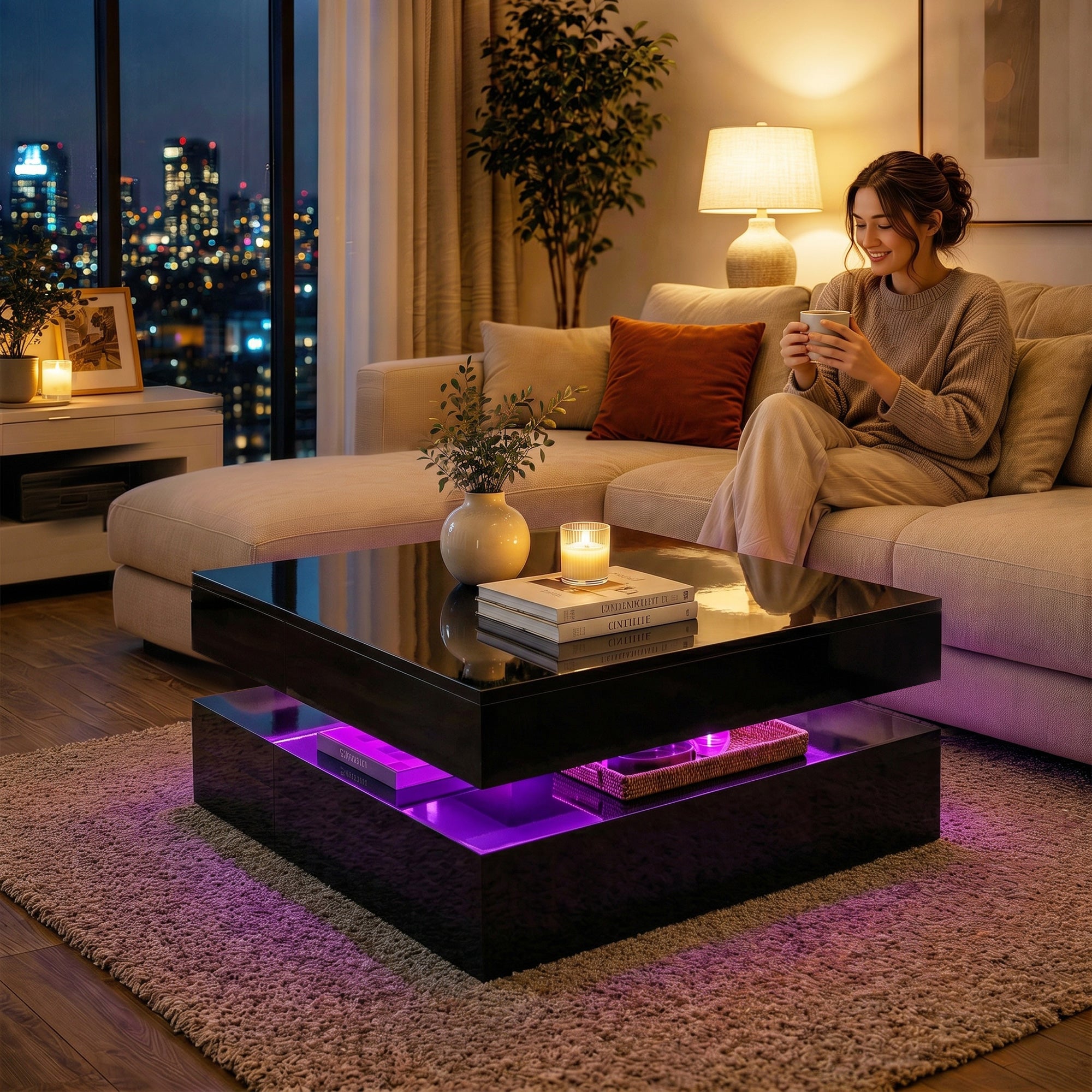 LED Coffee Table with Storage, 2-Tier Modern Center Table with Open Shelf and Remote for Living Room, High Gloss Black