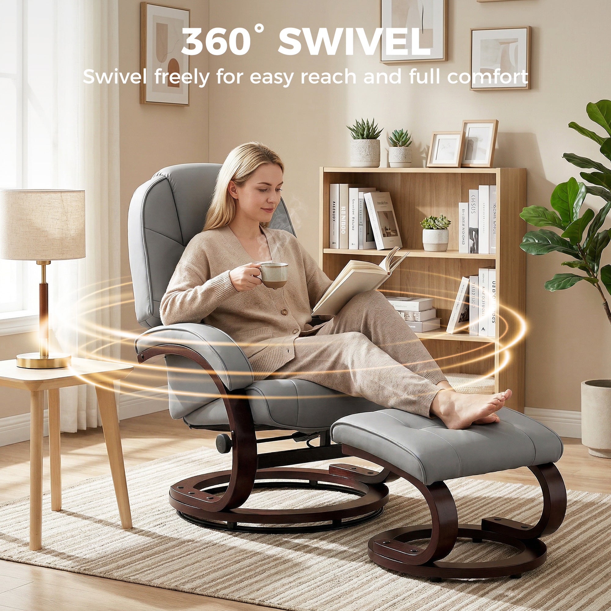Swivel Recliner Chair with Footstool, PU Leather Recliner Armchair with High Back and Wood Frame, Reclining Chair Lounge with Padded Armrests for Living Room, Grey