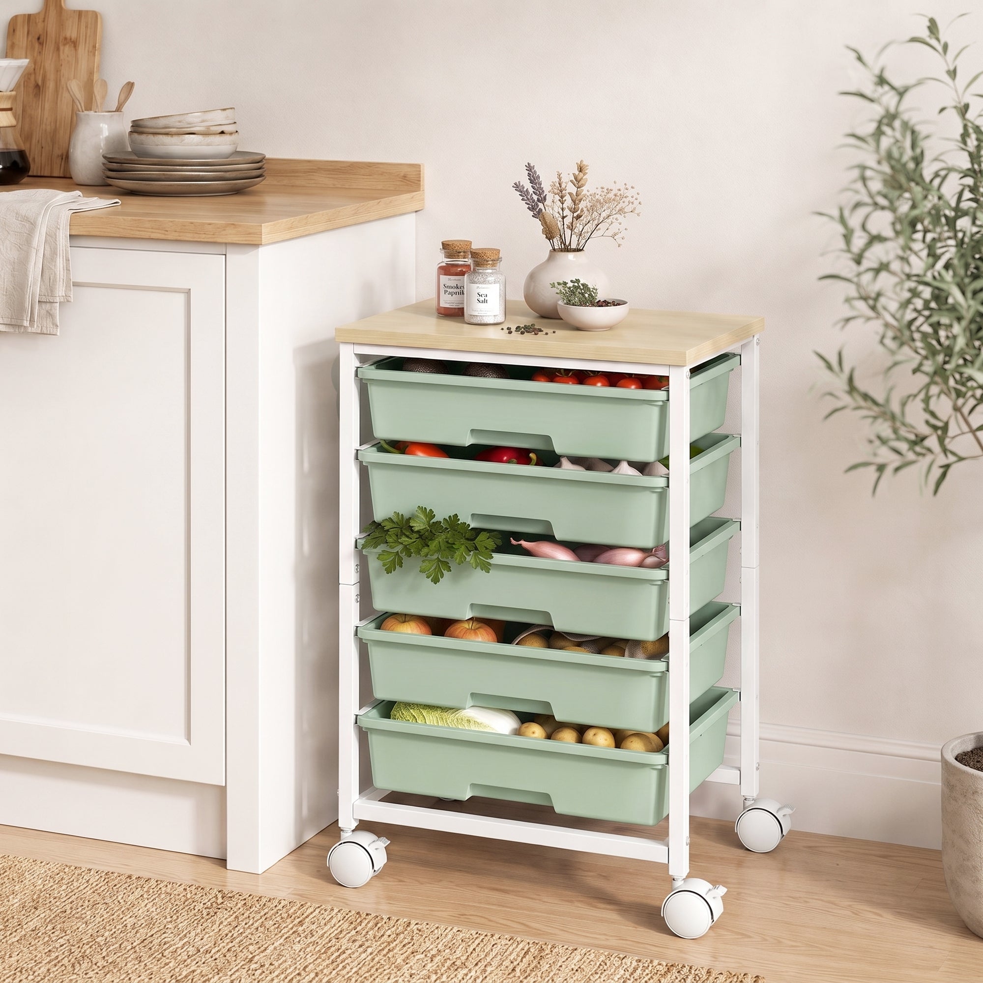 6-Tier Storage Trolley on Wheels, Metal Kitchen Rolling Cart with 5 Pull-Out Drawers, Kitchen Storage Rack for Living Room, Dining Room, Bedroom, Bathroom, Green