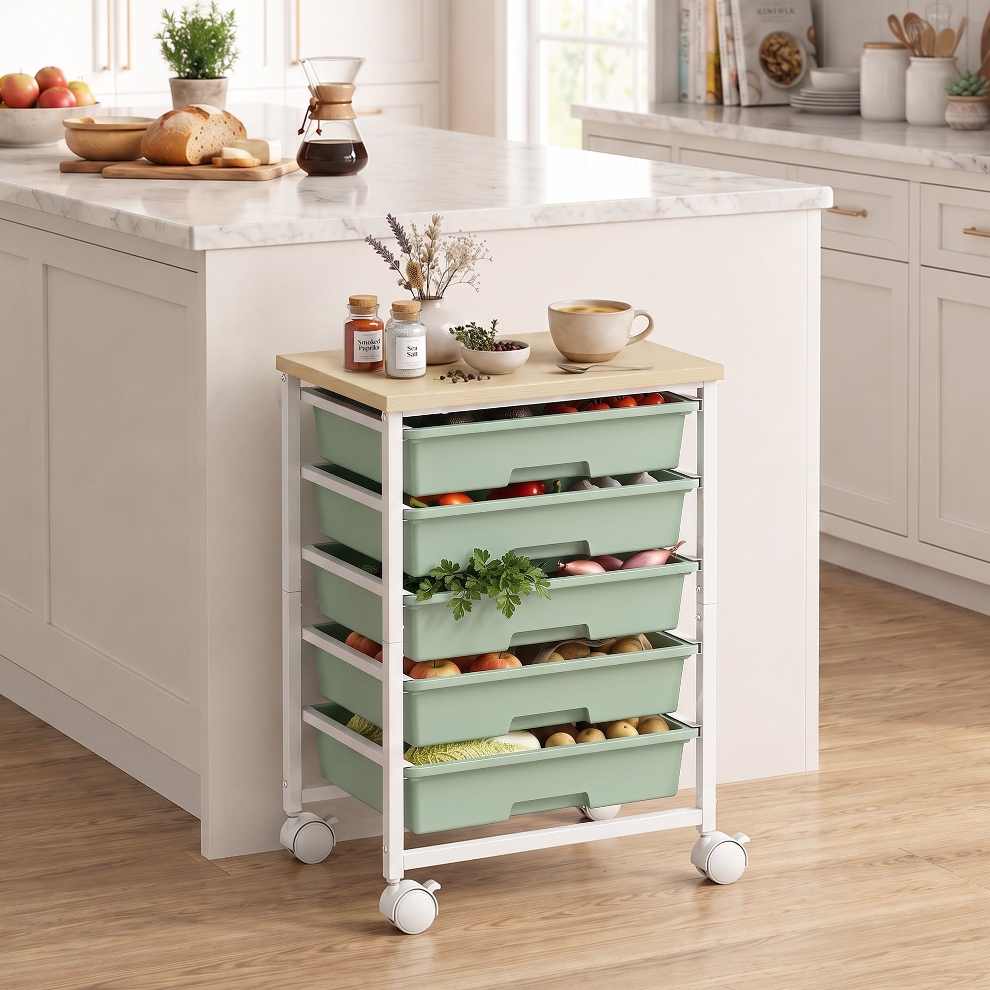 6-Tier Storage Trolley on Wheels, Metal Kitchen Rolling Cart with 5 Pull-Out Drawers, Kitchen Storage Rack for Living Room, Dining Room, Bedroom, Bathroom, Green
