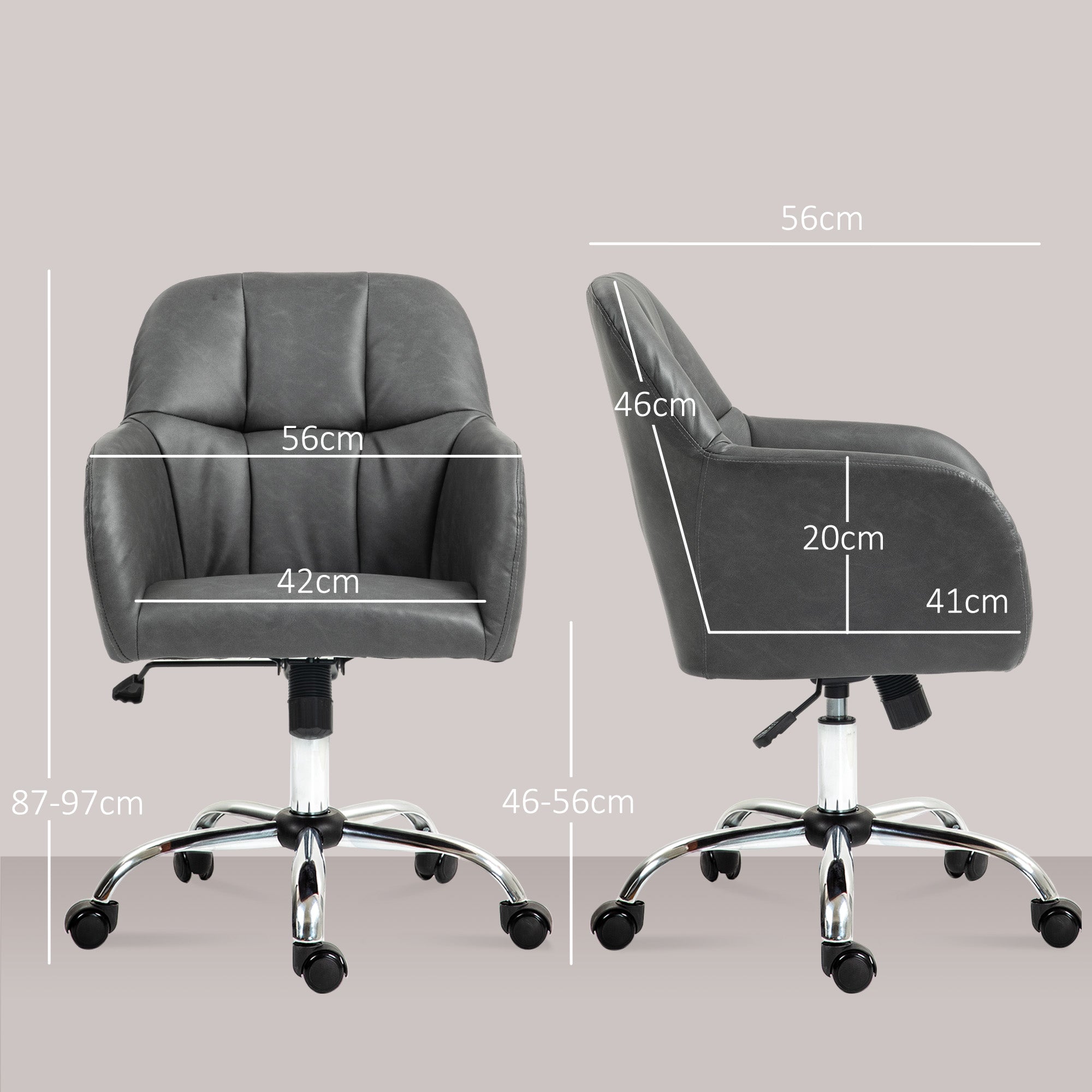 HOMCOM Computer Desk Chair, PU Leather Swivel Office Chair, Makeup Vanity Chair with Height Adjustable, Wheels, for Home Study Bedroom, Grey