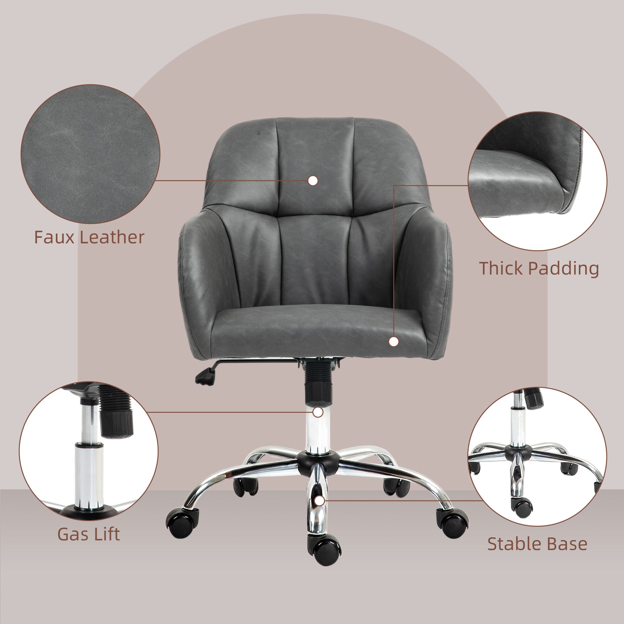 HOMCOM Computer Desk Chair, PU Leather Swivel Office Chair, Makeup Vanity Chair with Height Adjustable, Wheels, for Home Study Bedroom, Grey