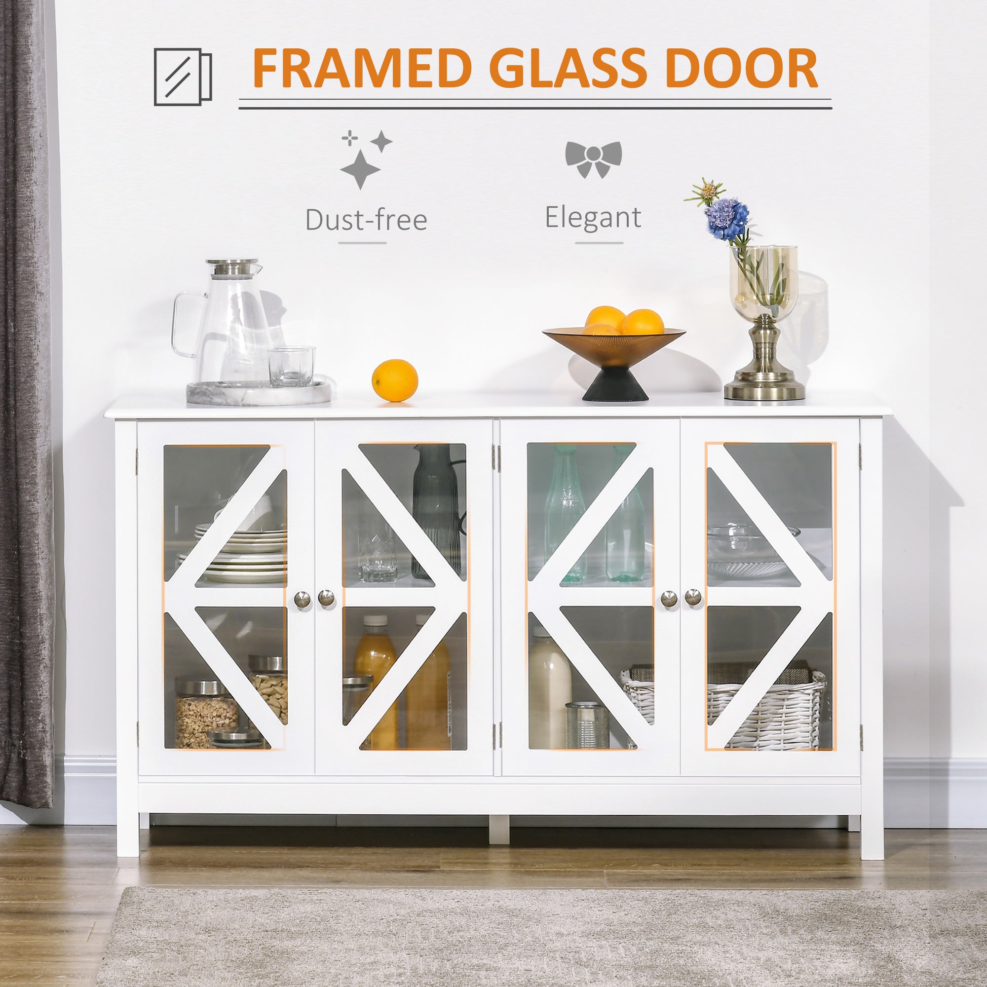 Sideboard Buffet Cabinet w/ 4 Glass Doors & Adjustable Shelf, Stripe Pattern, White