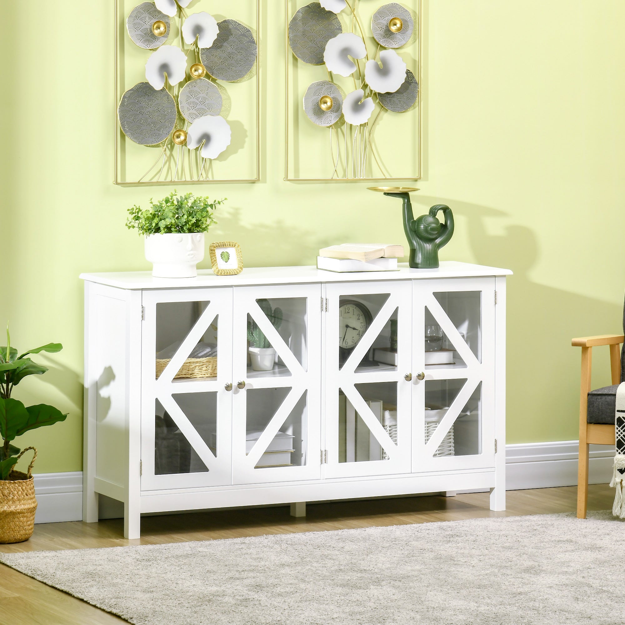 Sideboard Buffet Cabinet w/ 4 Glass Doors & Adjustable Shelf, Stripe Pattern, White