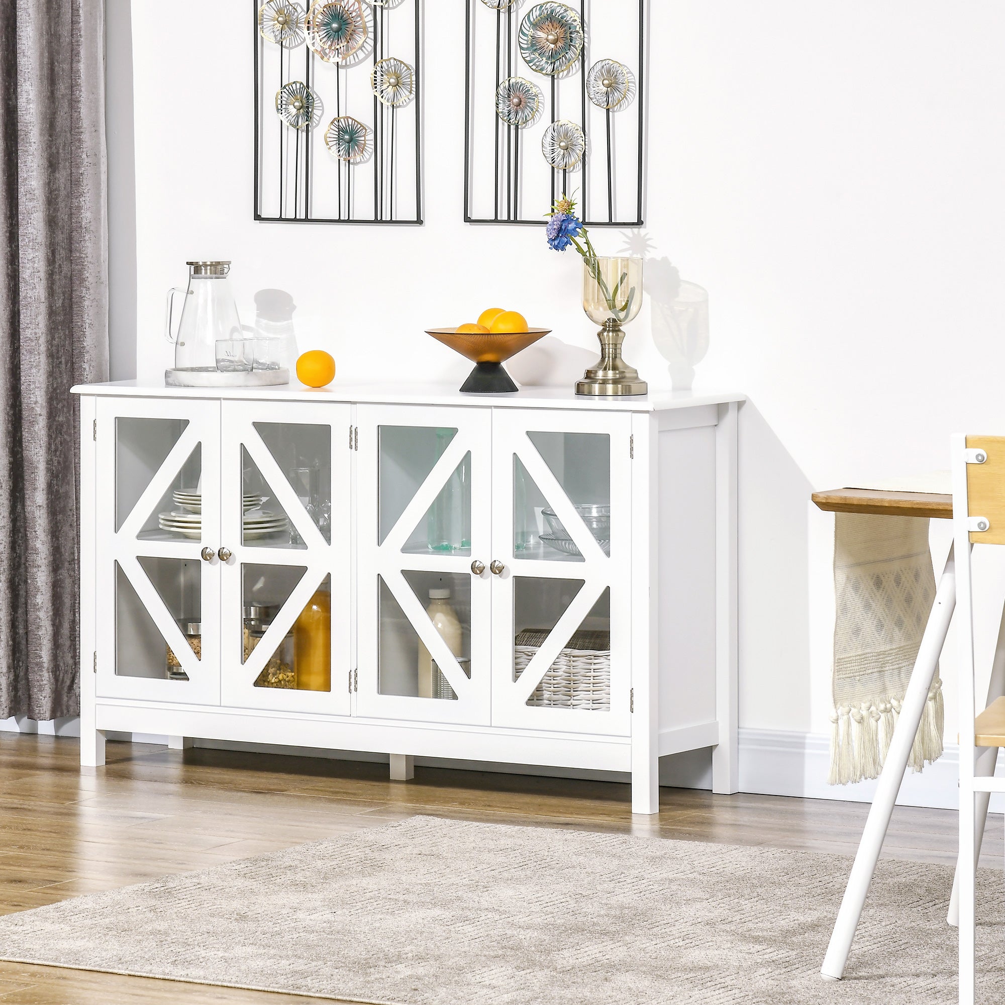 Sideboard Buffet Cabinet w/ 4 Glass Doors & Adjustable Shelf, Stripe Pattern, White