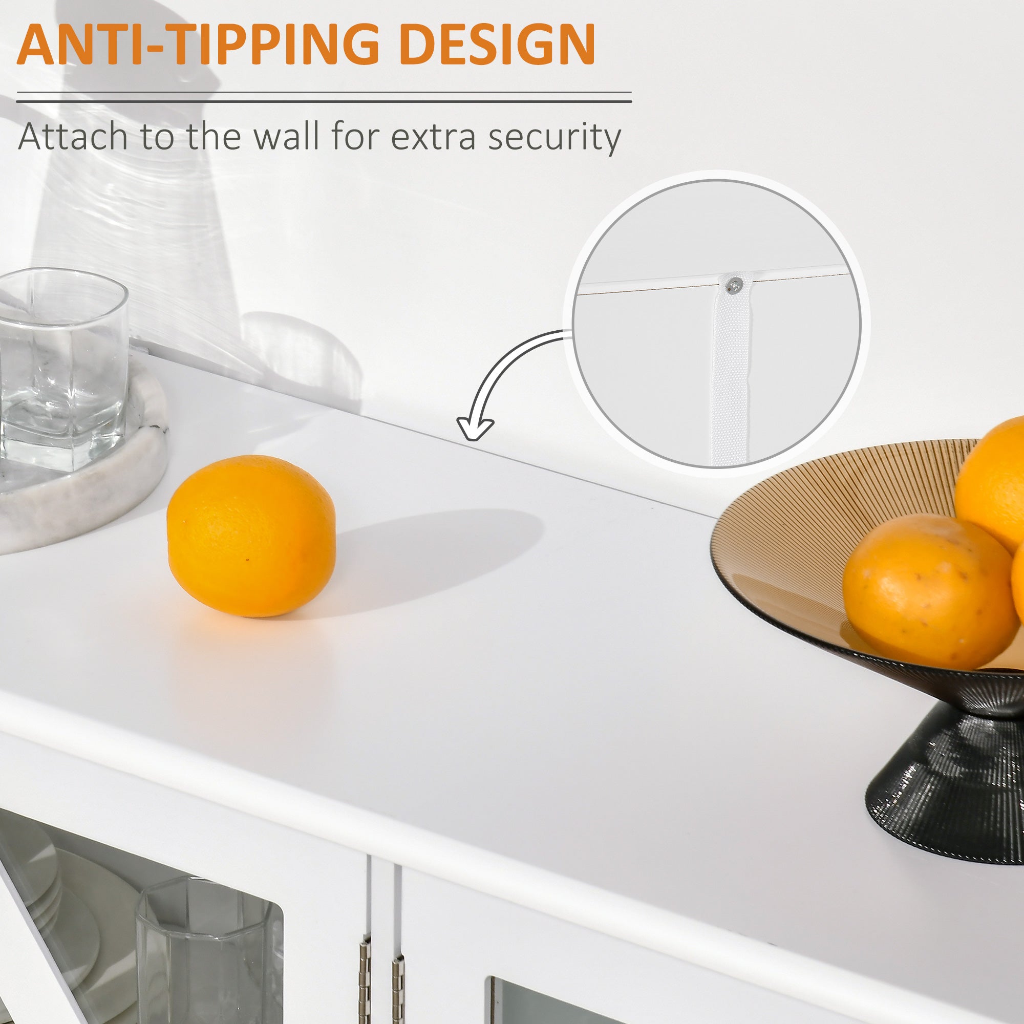 Sideboard Buffet Cabinet w/ 4 Glass Doors & Adjustable Shelf, Stripe Pattern, White