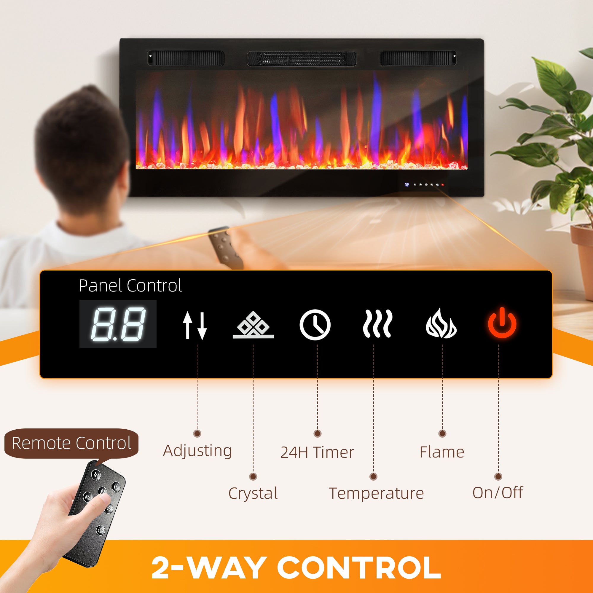 107cm/42" Electric Fireplace, Ultra-Slim Wall Mounted and Recessed Electric Fire Heater with Adjustable Flame and Thermostat, Eco Mode, Auto Switch, Weekly and 24H Timer, Remote, 900W/1800W