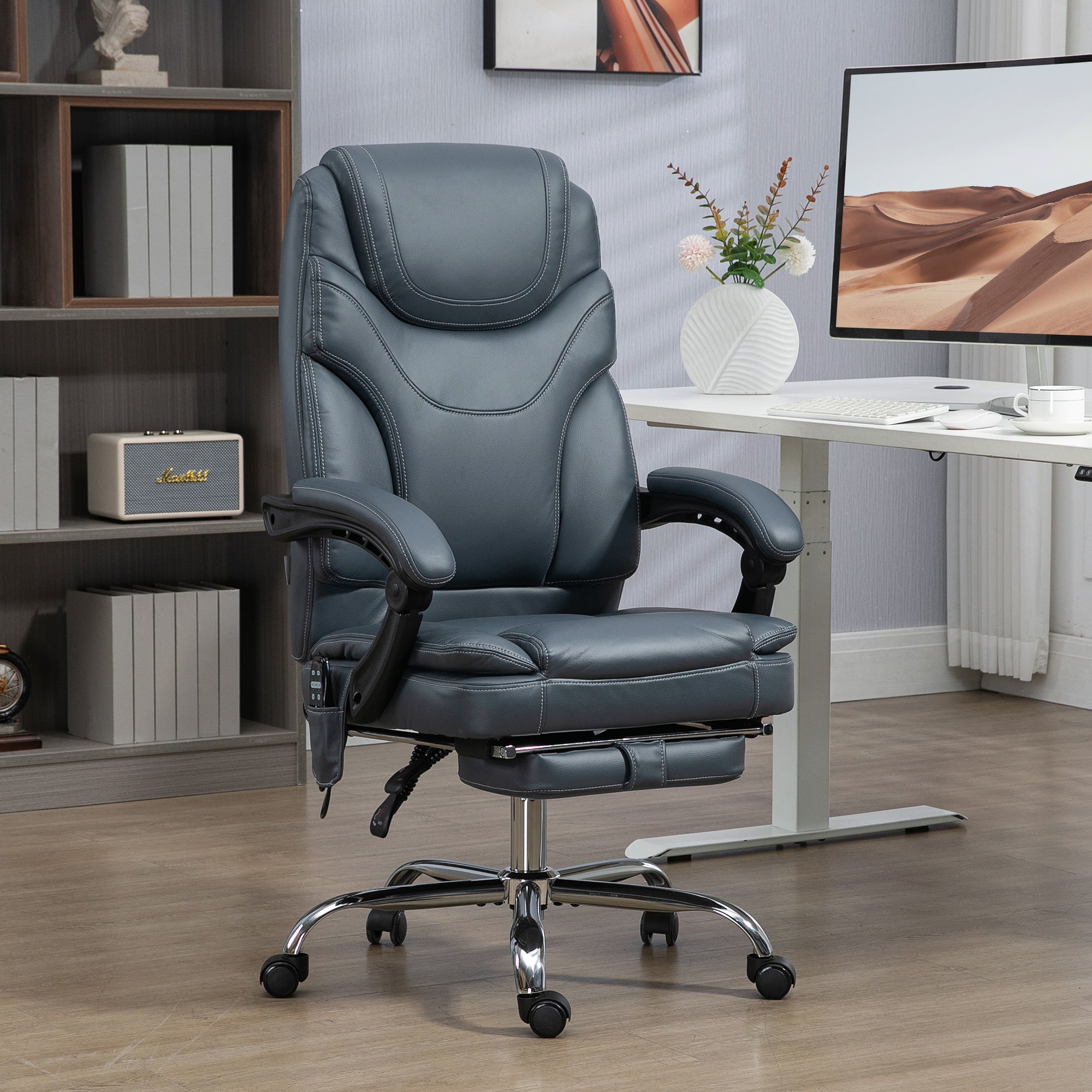 Vinsetto PU Leather Massage Office Chair with 6 Vibration Points, Heated Reclining Computer Desk Chair with Adjustable Height, Footrest, Grey