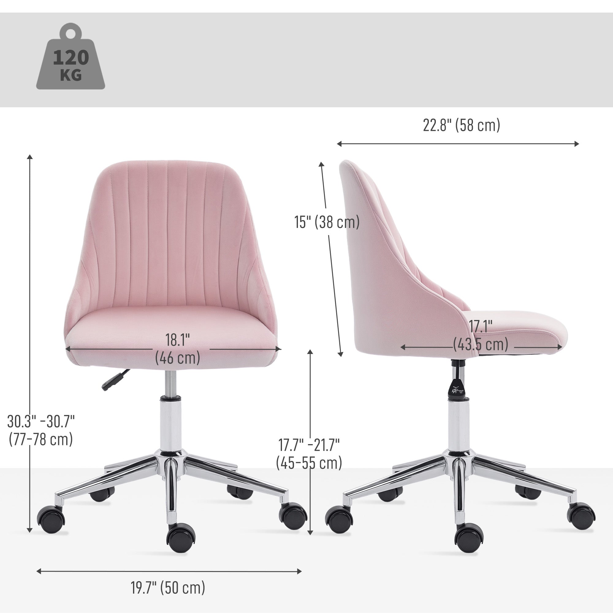 Vanity Chair for Makeup, Velvet Comfy Office Chair with Adjustable Height, Swivel Wheels for Bedroom, Living Room, Pink