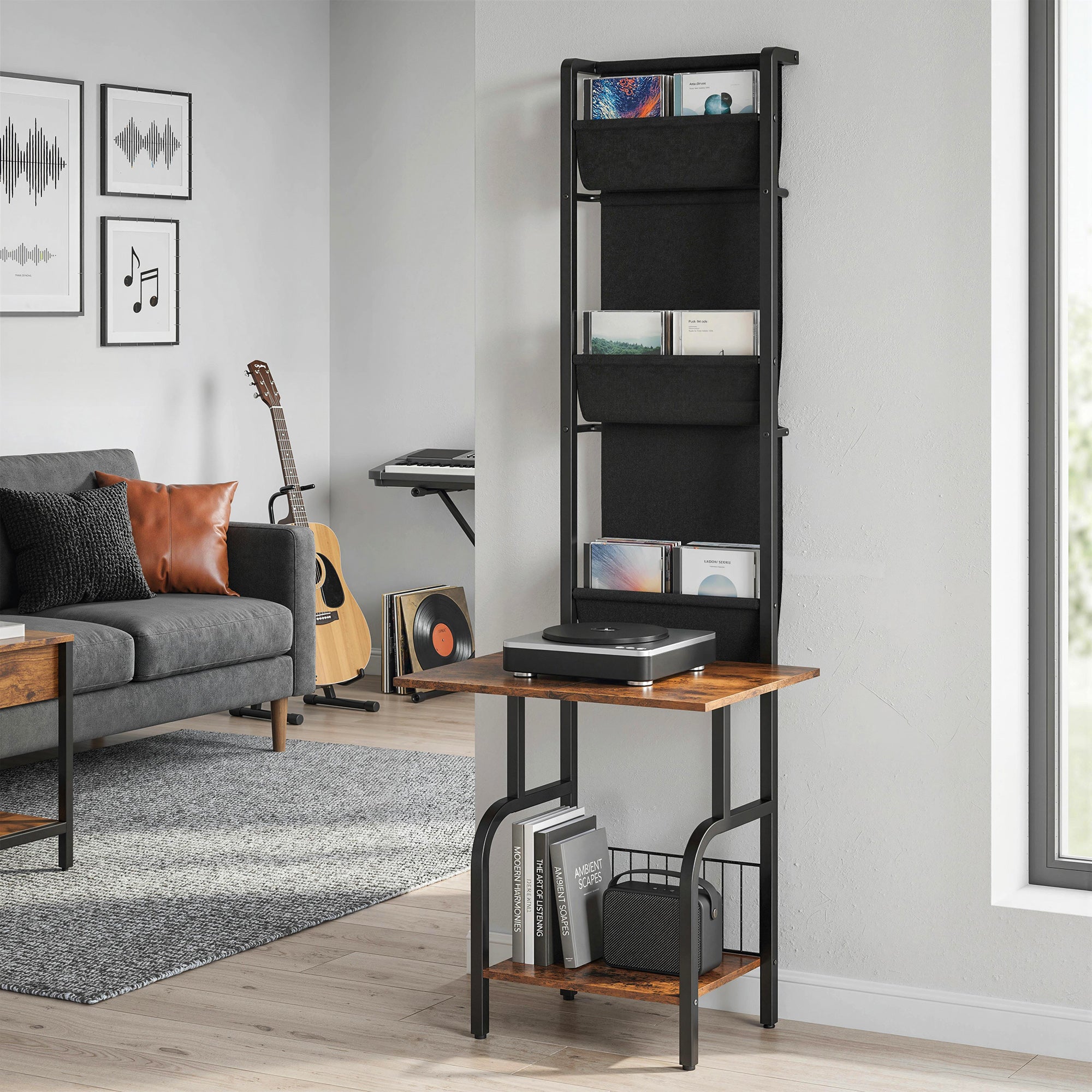 Vinyl Record Storage with Player Stand, Turntable Stand and Display Shelf, CD Storage Unit for Up to 40 CDs, Record Player Table for Living Room or Bedroom, Rustic Brown and Black