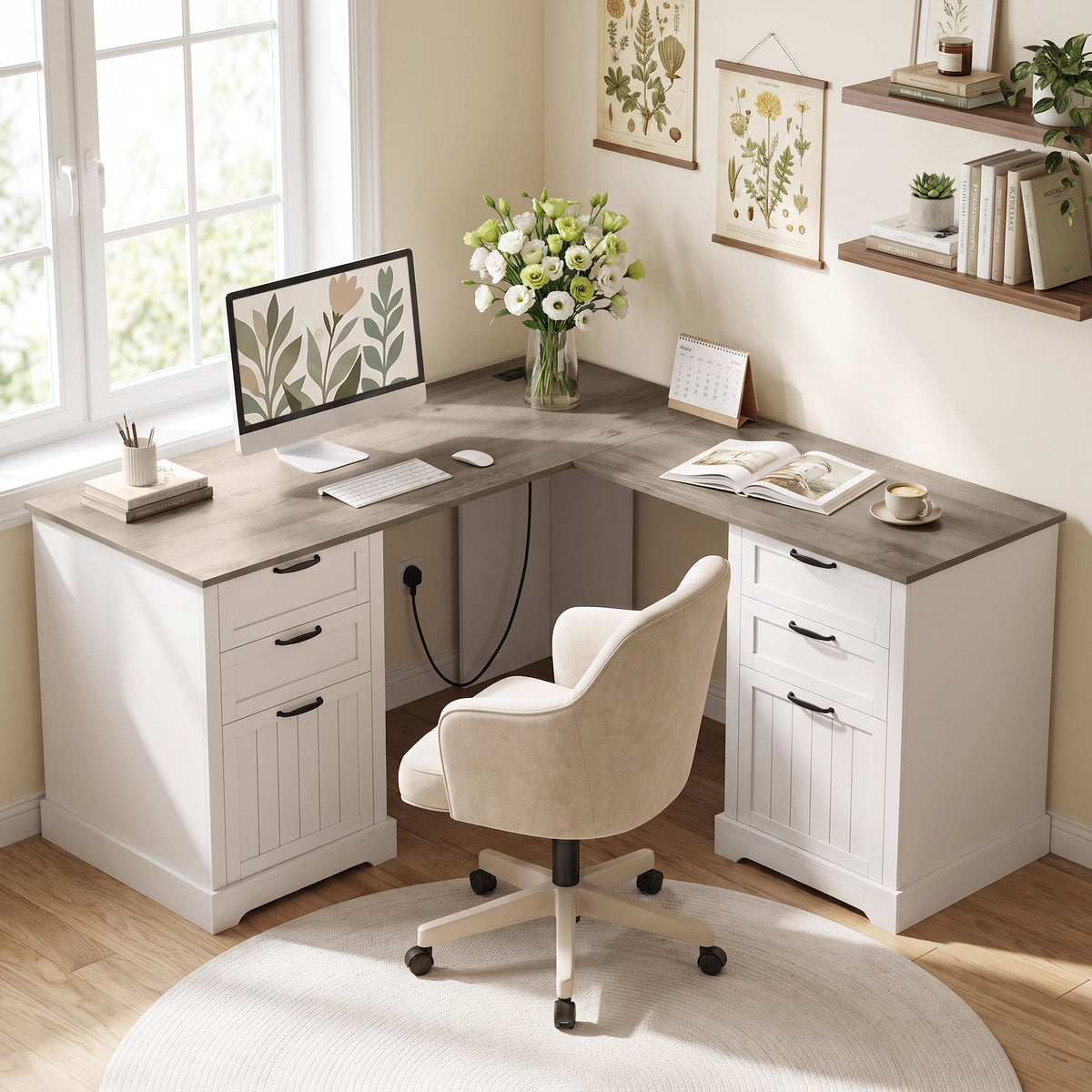 L Shaped Computer Desk with Power Outlets & USB Charging, Corner Desk with 6 Drawers, Hanging Bar for A4 and Letter Size, Study and Home Office, Brown and White