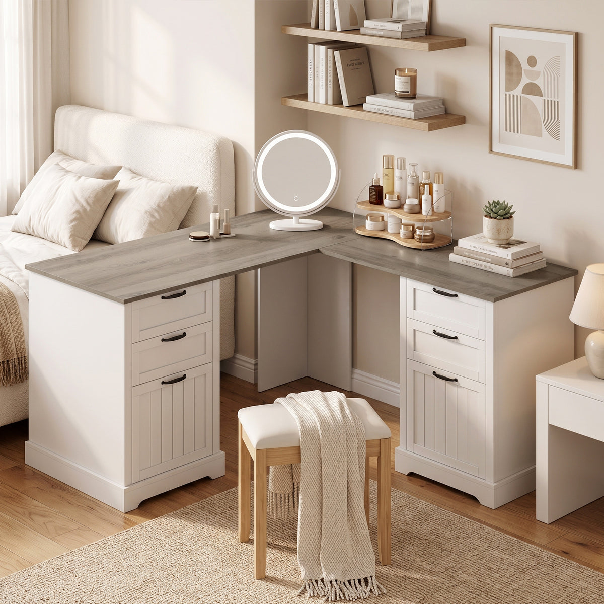 L Shaped Computer Desk with Power Outlets & USB Charging, Corner Desk with 6 Drawers, Hanging Bar for A4 and Letter Size, Study and Home Office, Brown and White