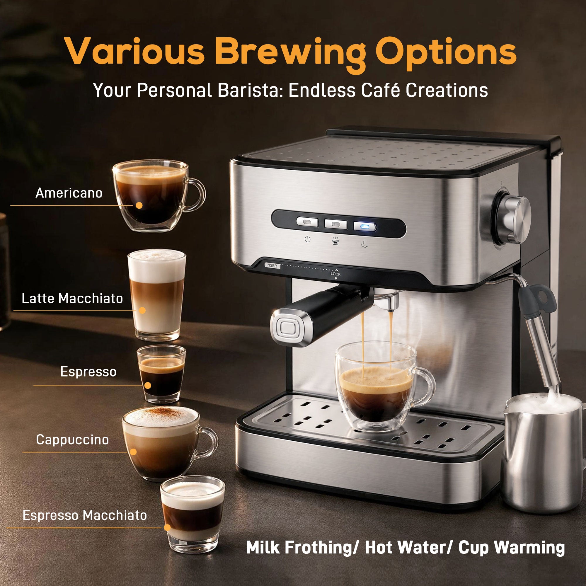 Espresso Machine with Milk Frother Wand, 1.6 L Water Tank, 850W Semi Automatic 20 Bar Coffee Machine, Latte and Cappuccino Maker with Double Shot, Hot Water, Cup Warming, Black and Silver