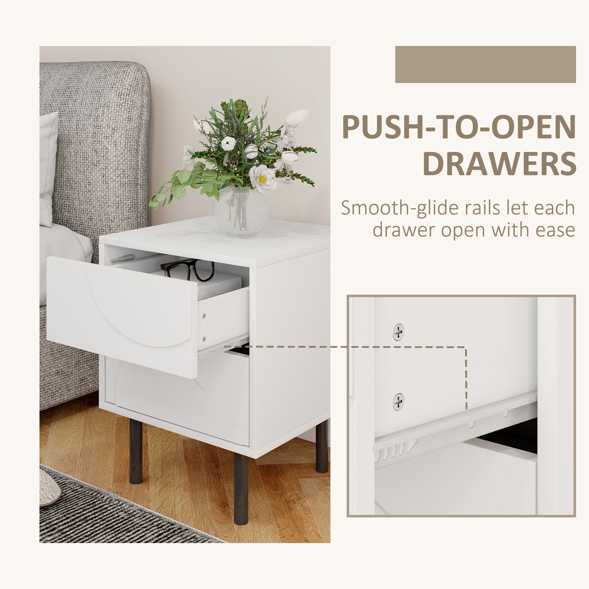 Nightstand Set of 2, Modern Bedside Table with Push-to-Open Drawers and Steel Legs for Living Room, Bedroom, White