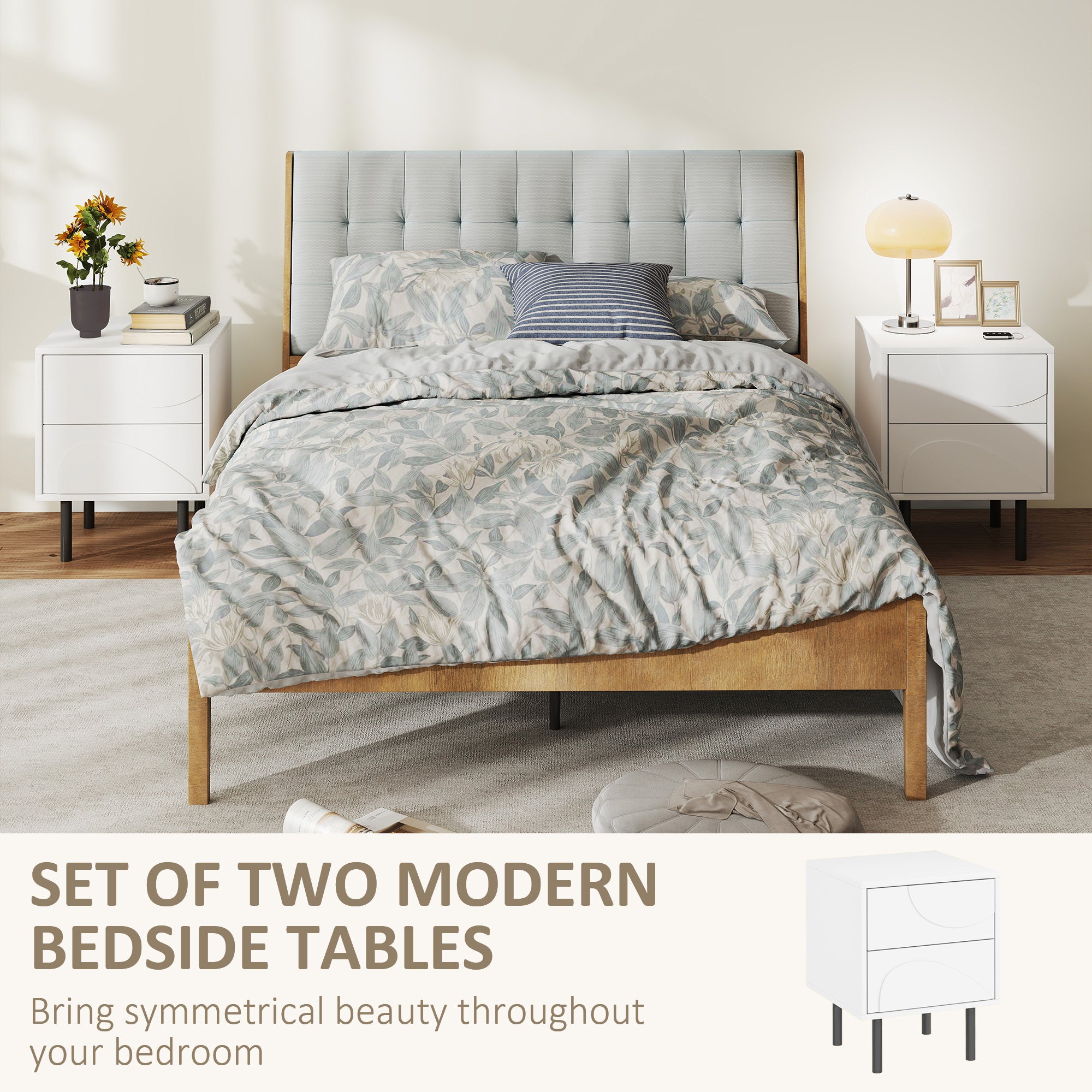 Nightstand Set of 2, Modern Bedside Table with Push-to-Open Drawers and Steel Legs for Living Room, Bedroom, White