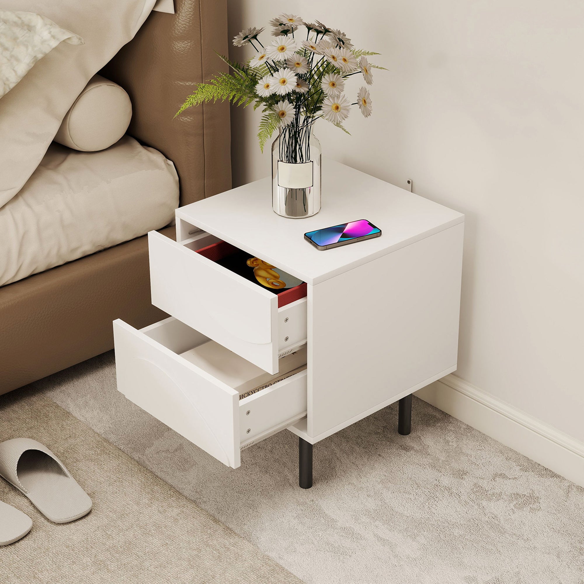 Nightstand Set of 2, Modern Bedside Table with Push-to-Open Drawers and Steel Legs for Living Room, Bedroom, White