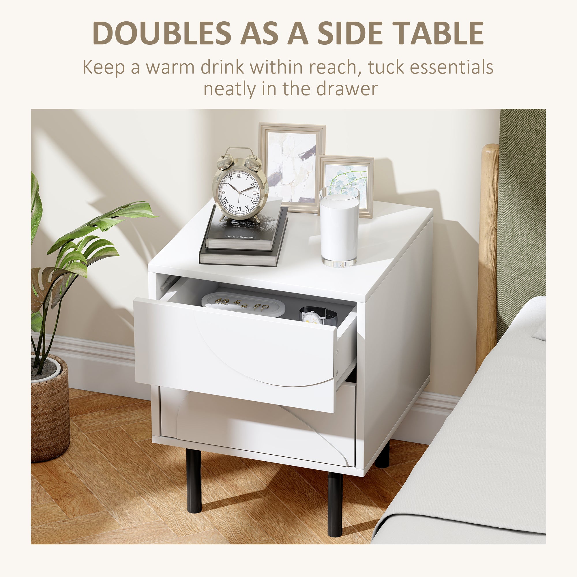 Nightstand Set of 2, Modern Bedside Table with Push-to-Open Drawers and Steel Legs for Living Room, Bedroom, White