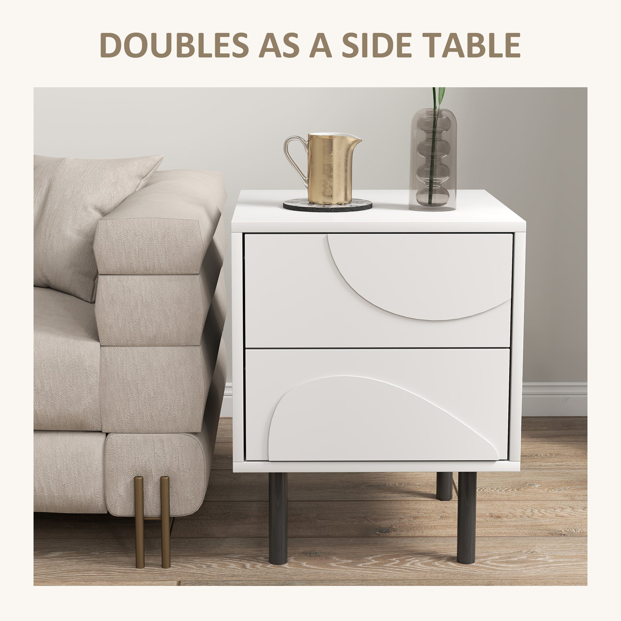 Nightstand Set of 2, Modern Bedside Table with Push-to-Open Drawers and Steel Legs for Living Room, Bedroom, White