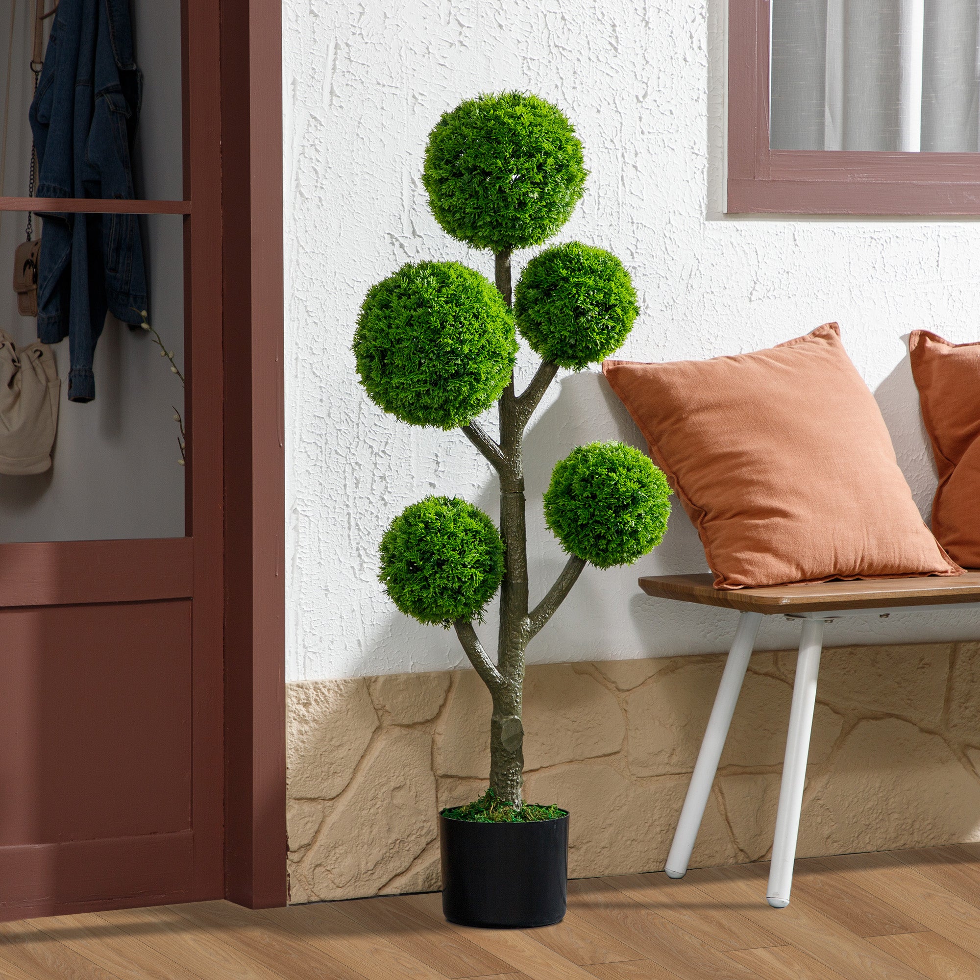 Decorative Artificial Plant, Topiary Five-ball Cypress Tree in Pot, Fake Plant for Home Indoor outdoor Decor, 43.3 Inch, Green