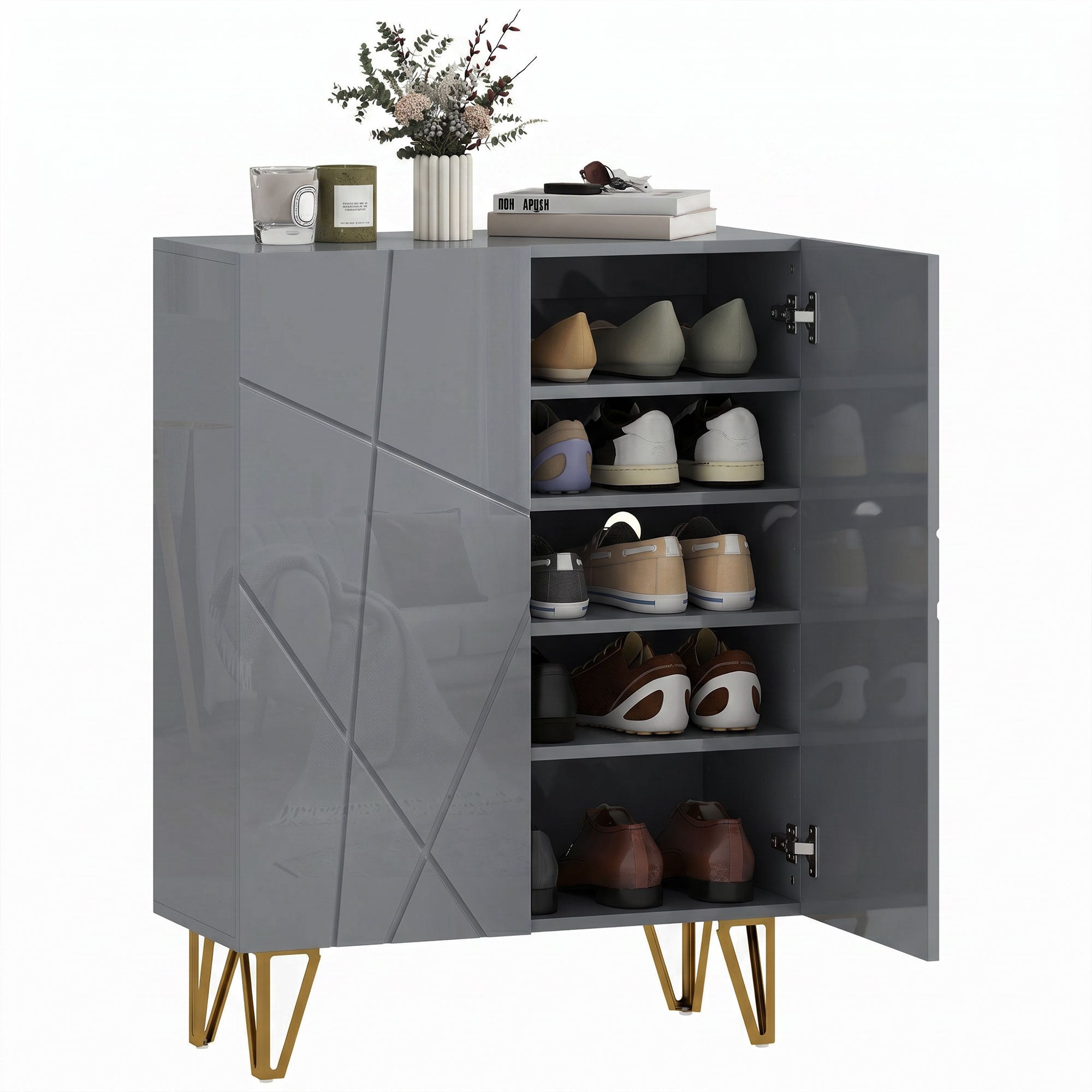 Narrow Shoe Cabinet, Slim Shoe Storage Cabinet with Soft-Close Hinges and Adjustable Shelves for 15-20 Pairs of Shoes, Grey