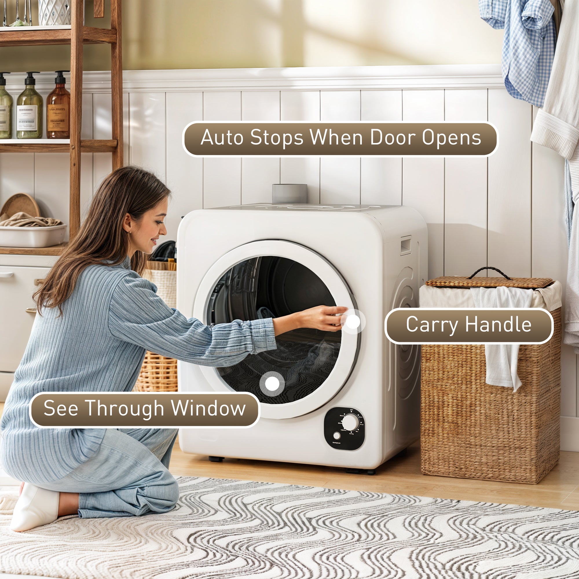 120V Portable Clothes Dryer, 1300W Compact Front Load Laundry Dryer Machine 3.3 Cu. Ft. with Stainless Steel Tub & 4 Automatic Drying Mode for Apartment, RVs, Dorms, White