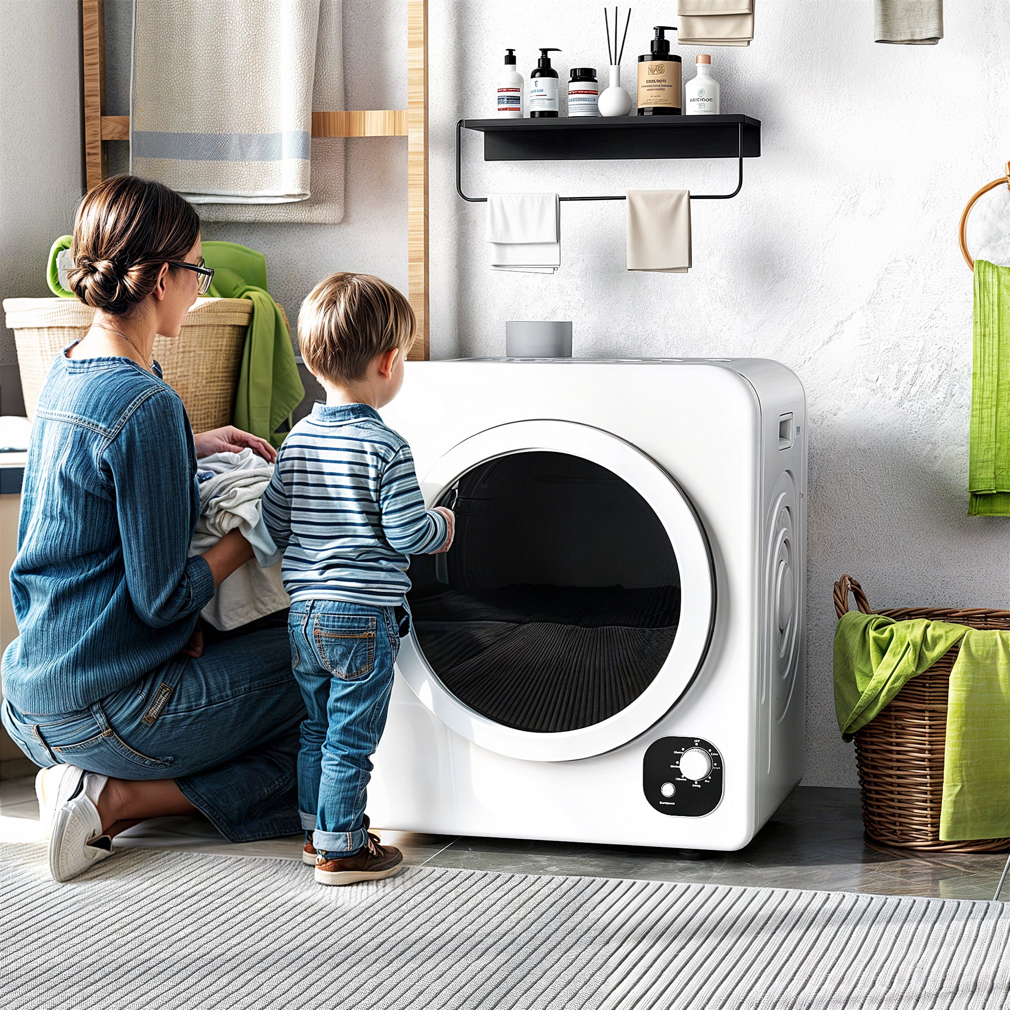 120V Portable Clothes Dryer, 1300W Compact Front Load Laundry Dryer Machine 3.3 Cu. Ft. with Stainless Steel Tub & 4 Automatic Drying Mode for Apartment, RVs, Dorms, White