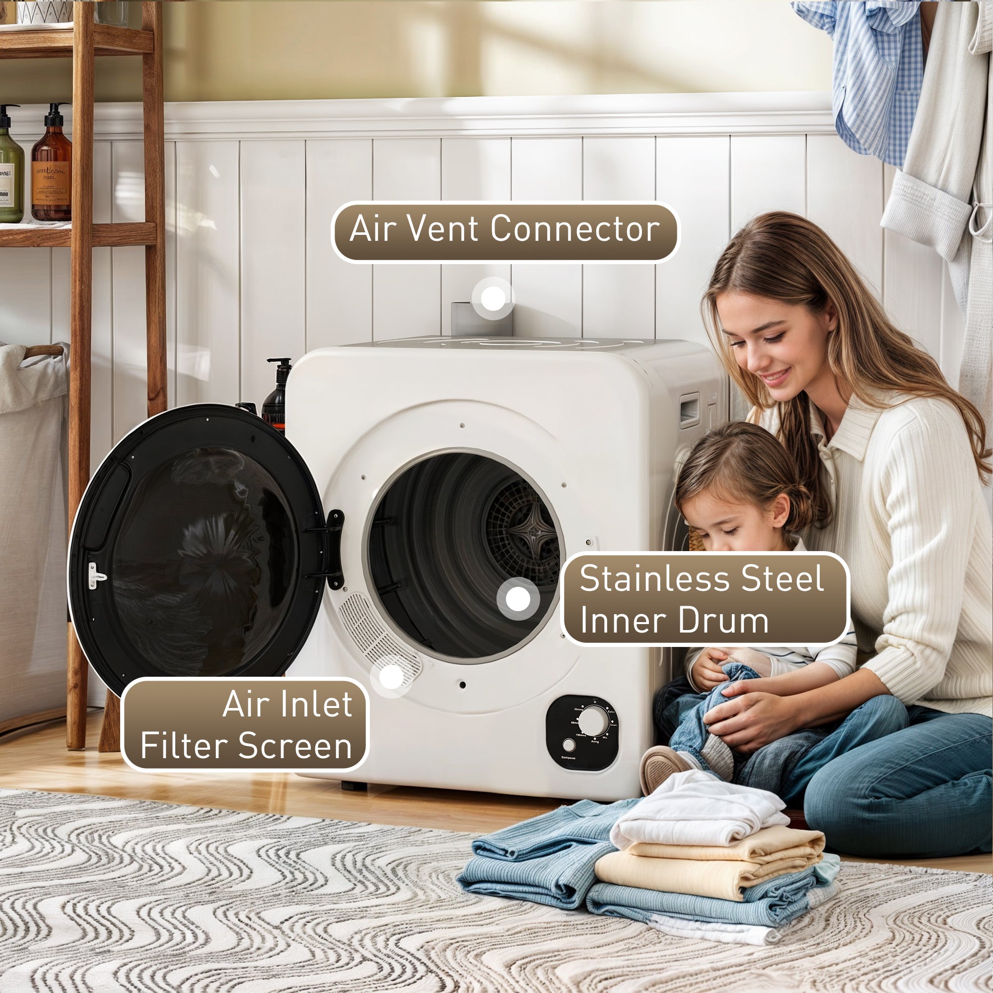 120V Portable Clothes Dryer, 1300W Compact Front Load Laundry Dryer Machine 3.3 Cu. Ft. with Stainless Steel Tub & 4 Automatic Drying Mode for Apartment, RVs, Dorms, White