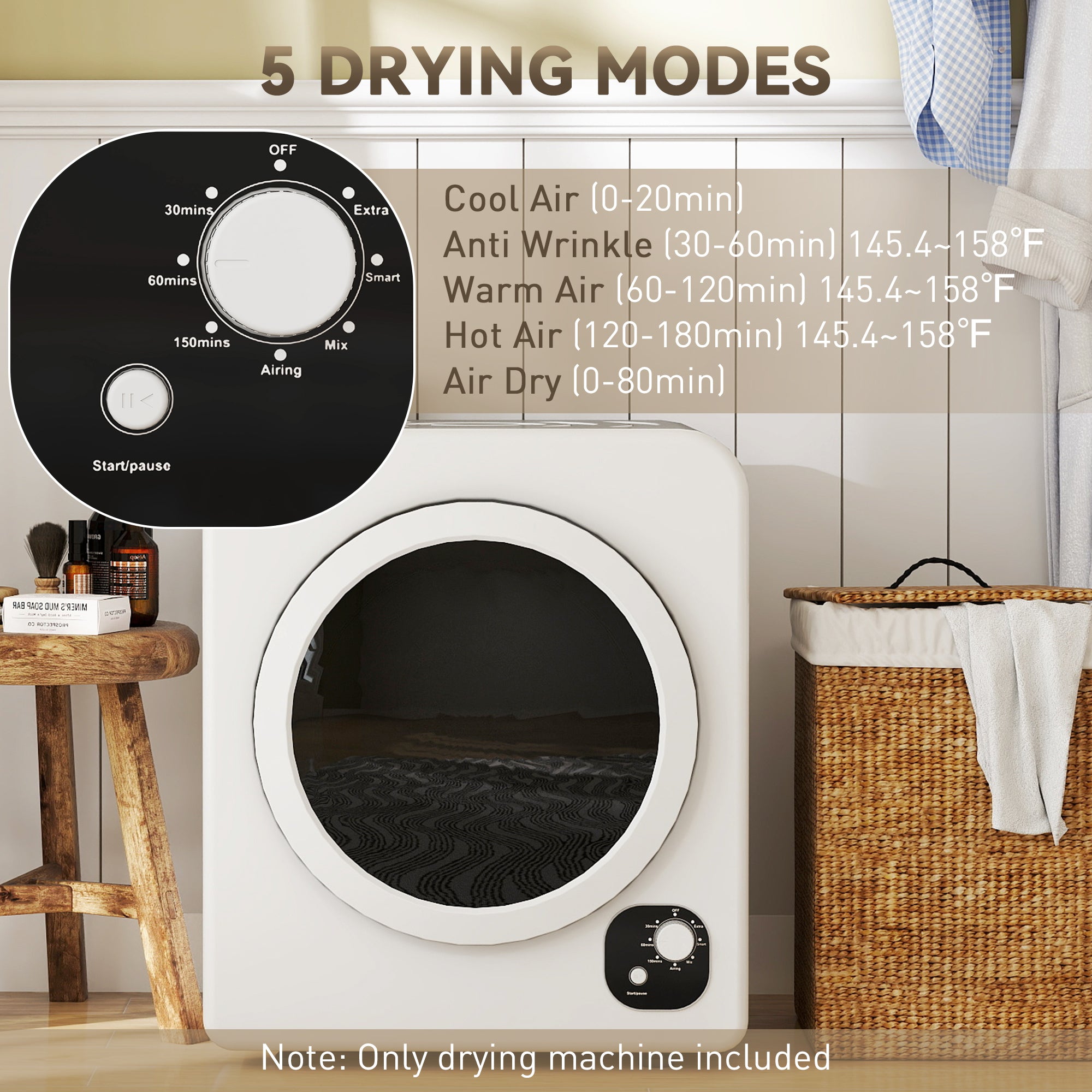 120V Portable Clothes Dryer, 1300W Compact Front Load Laundry Dryer Machine 3.3 Cu. Ft. with Stainless Steel Tub & 4 Automatic Drying Mode for Apartment, RVs, Dorms, White