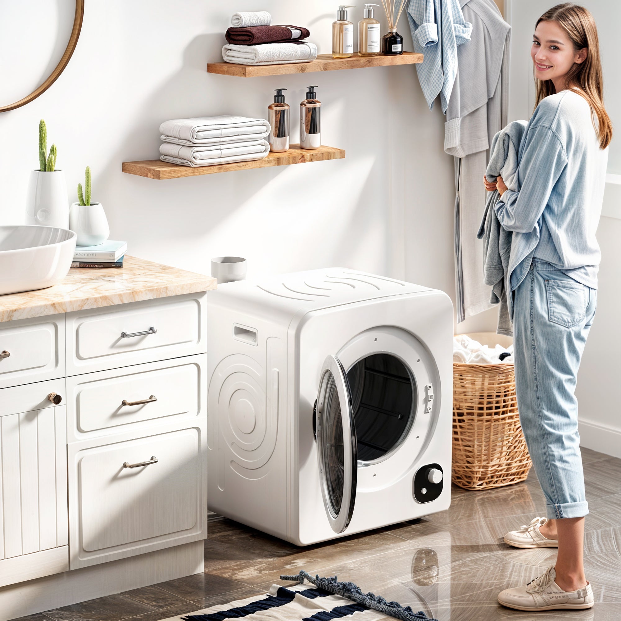 120V Portable Clothes Dryer, 1300W Compact Front Load Laundry Dryer Machine 3.3 Cu. Ft. with Stainless Steel Tub & 4 Automatic Drying Mode for Apartment, RVs, Dorms, White
