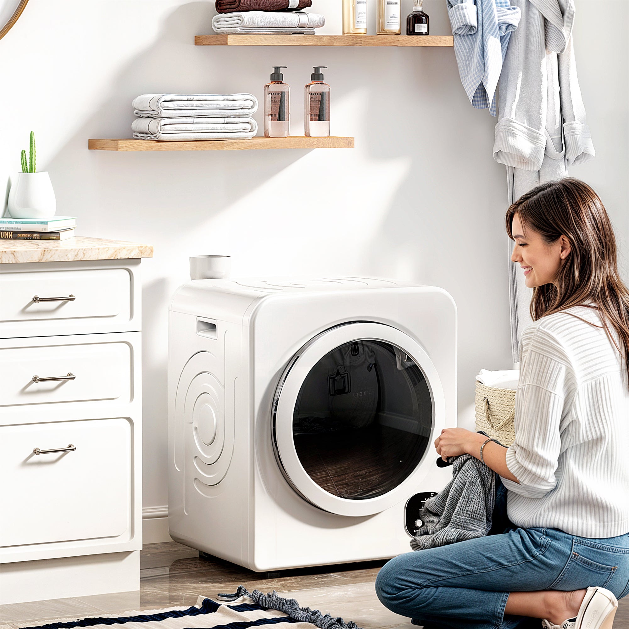 120V Portable Clothes Dryer, 1300W Compact Front Load Laundry Dryer Machine 3.3 Cu. Ft. with Stainless Steel Tub & 4 Automatic Drying Mode for Apartment, RVs, Dorms, White