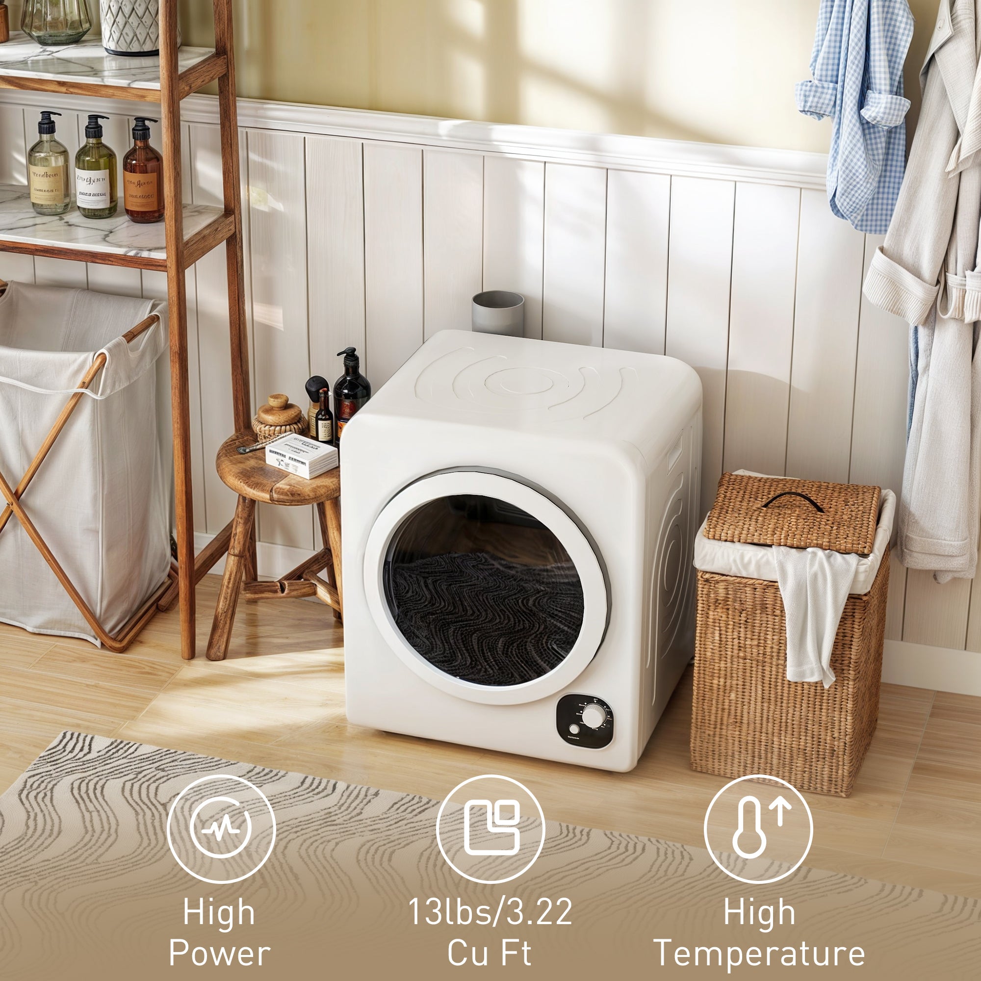 120V Portable Clothes Dryer, 1300W Compact Front Load Laundry Dryer Machine 3.3 Cu. Ft. with Stainless Steel Tub & 4 Automatic Drying Mode for Apartment, RVs, Dorms, White