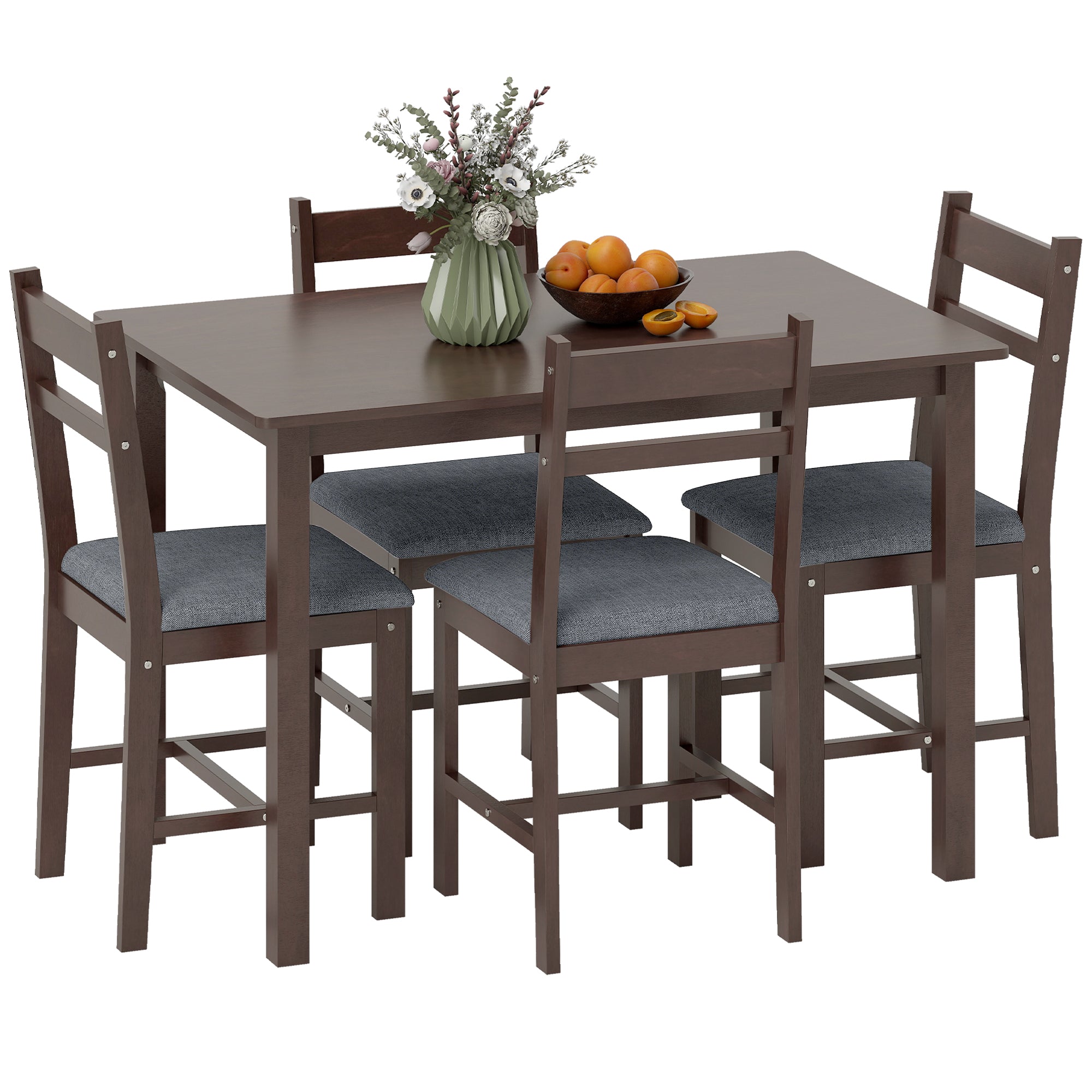 5-Piece Solid Wood Dining Table Set for 4, Farmhouse Kitchen Table with Upholstered Chairs for Small Space, Dining Room, Breakfast Nook, Walnut and Gray