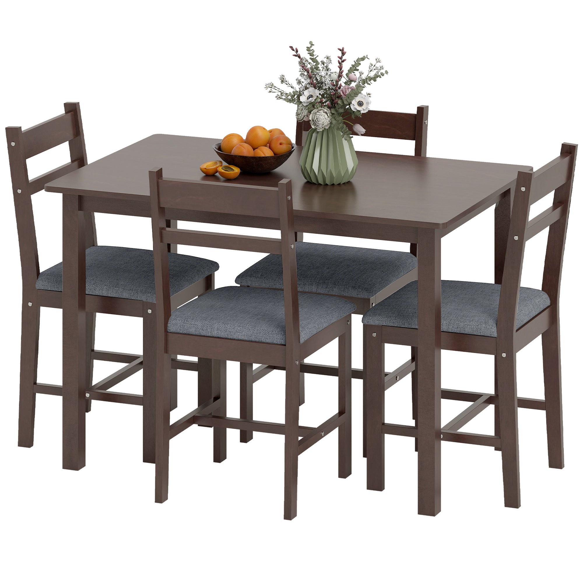 5-Piece Solid Wood Dining Table Set for 4, Farmhouse Kitchen Table with Upholstered Chairs for Small Space, Dining Room, Breakfast Nook, Walnut and Gray